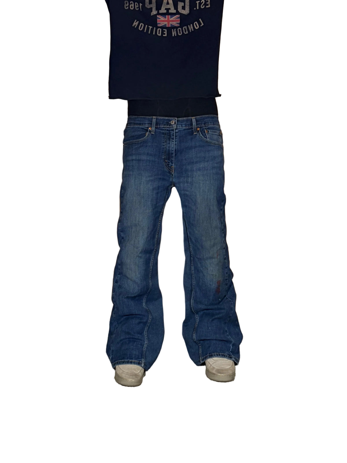 Dark blue painted bootcut jeans. Size: 32x32