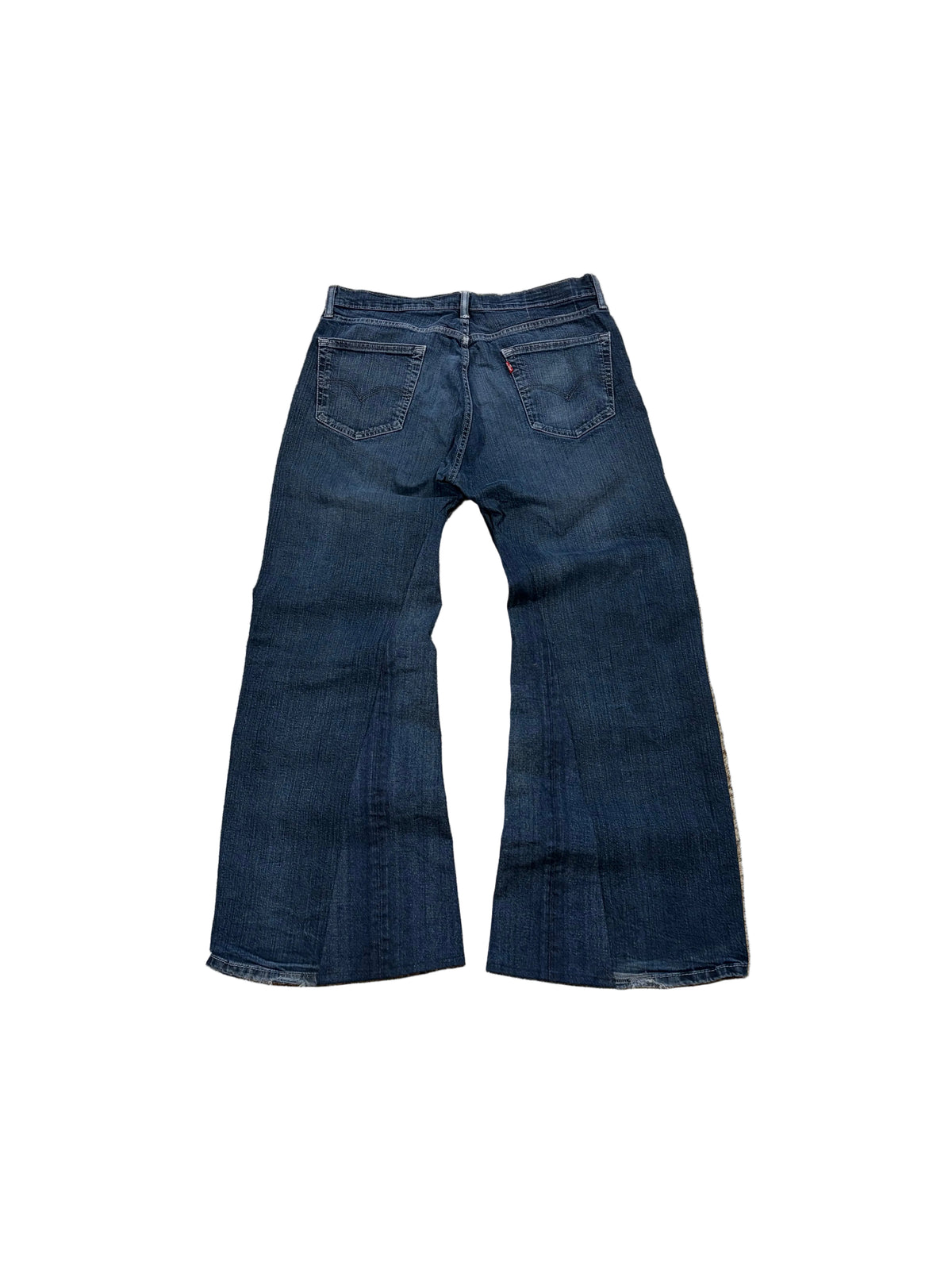 Dark blue washed baggy bootcut jeans. Size: 34x32
