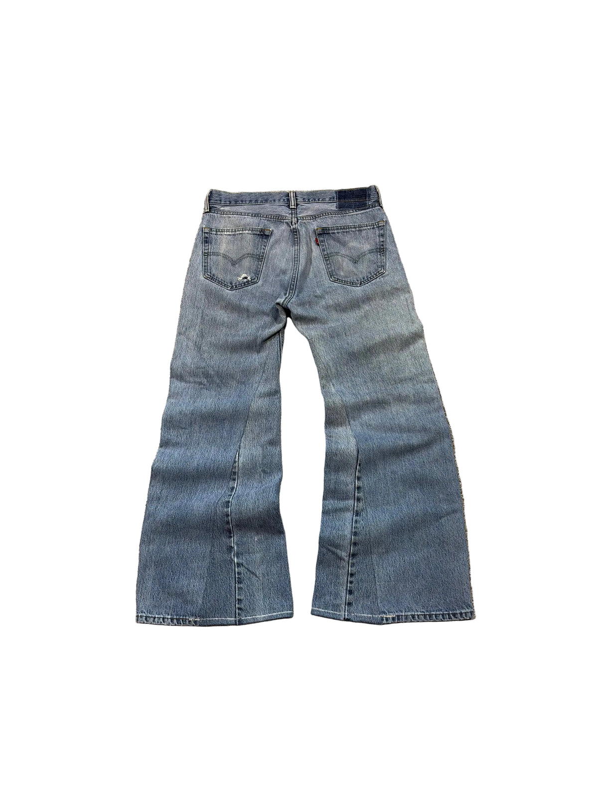 Blue/pink distressed baggy bootcut jeans. Size: 33x32