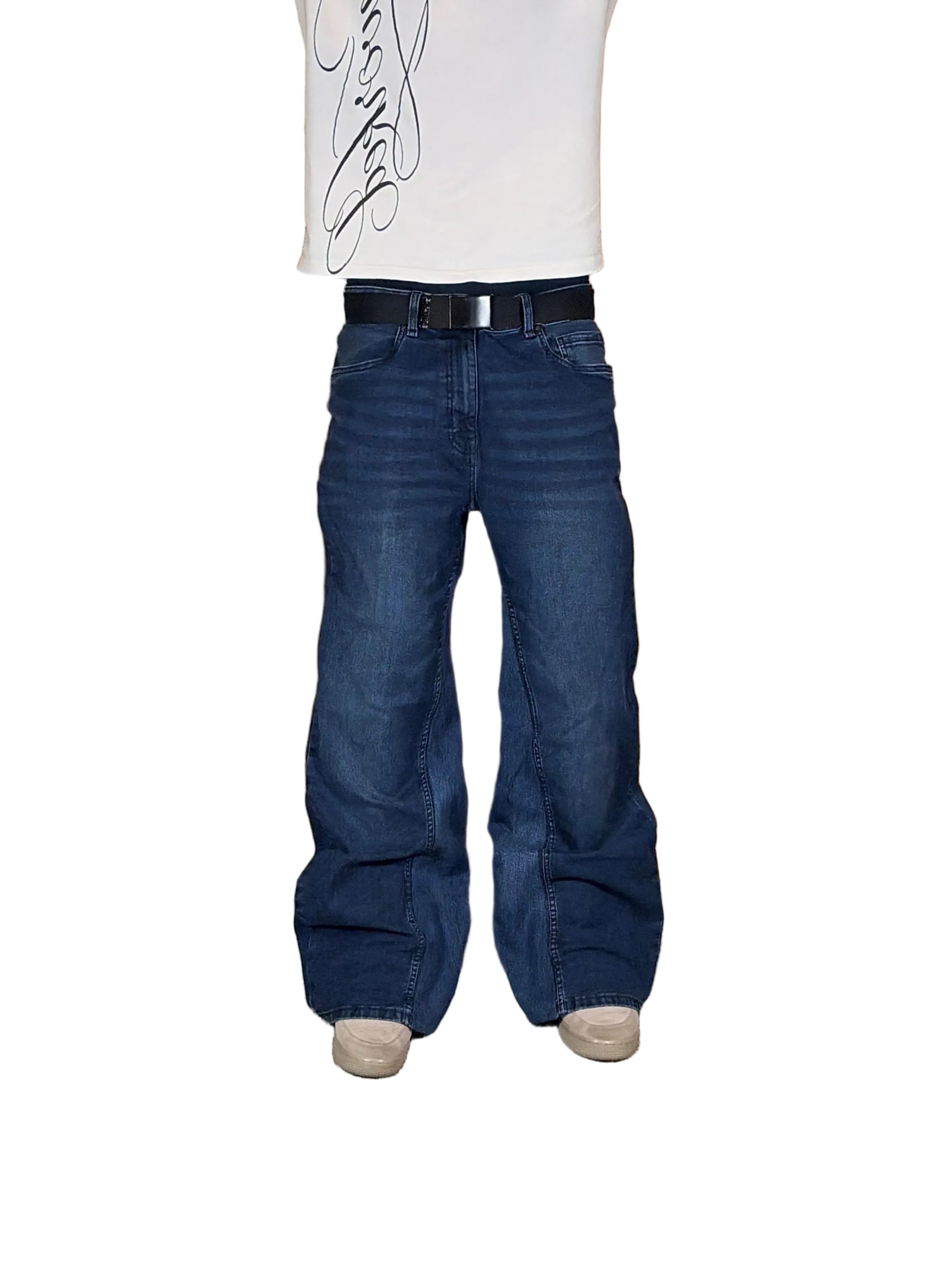 1of1 dark blue reworked baggy jeans. Size: 35x32