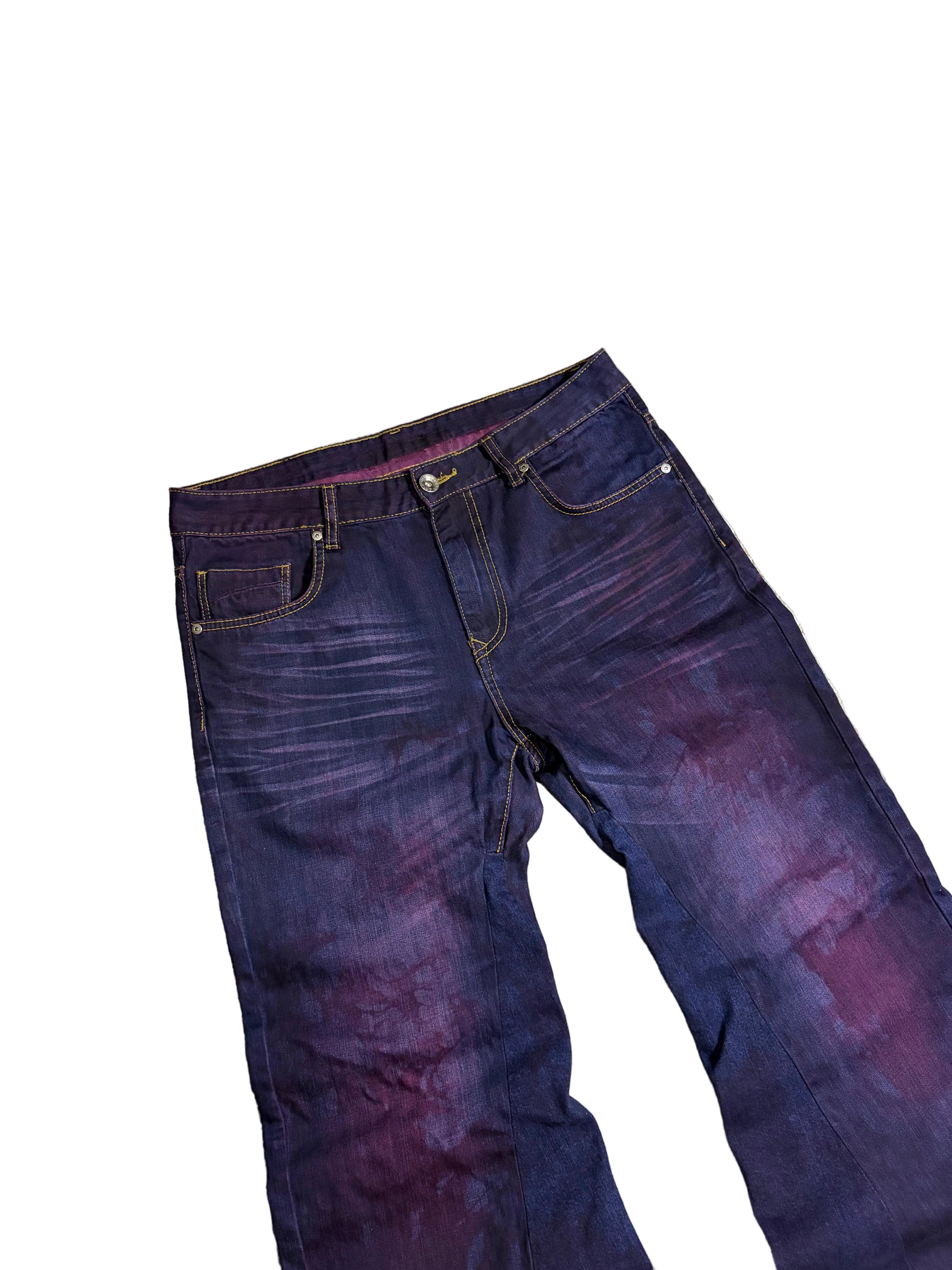 1of1 color purple baggy flared jeans. Size: 33x31