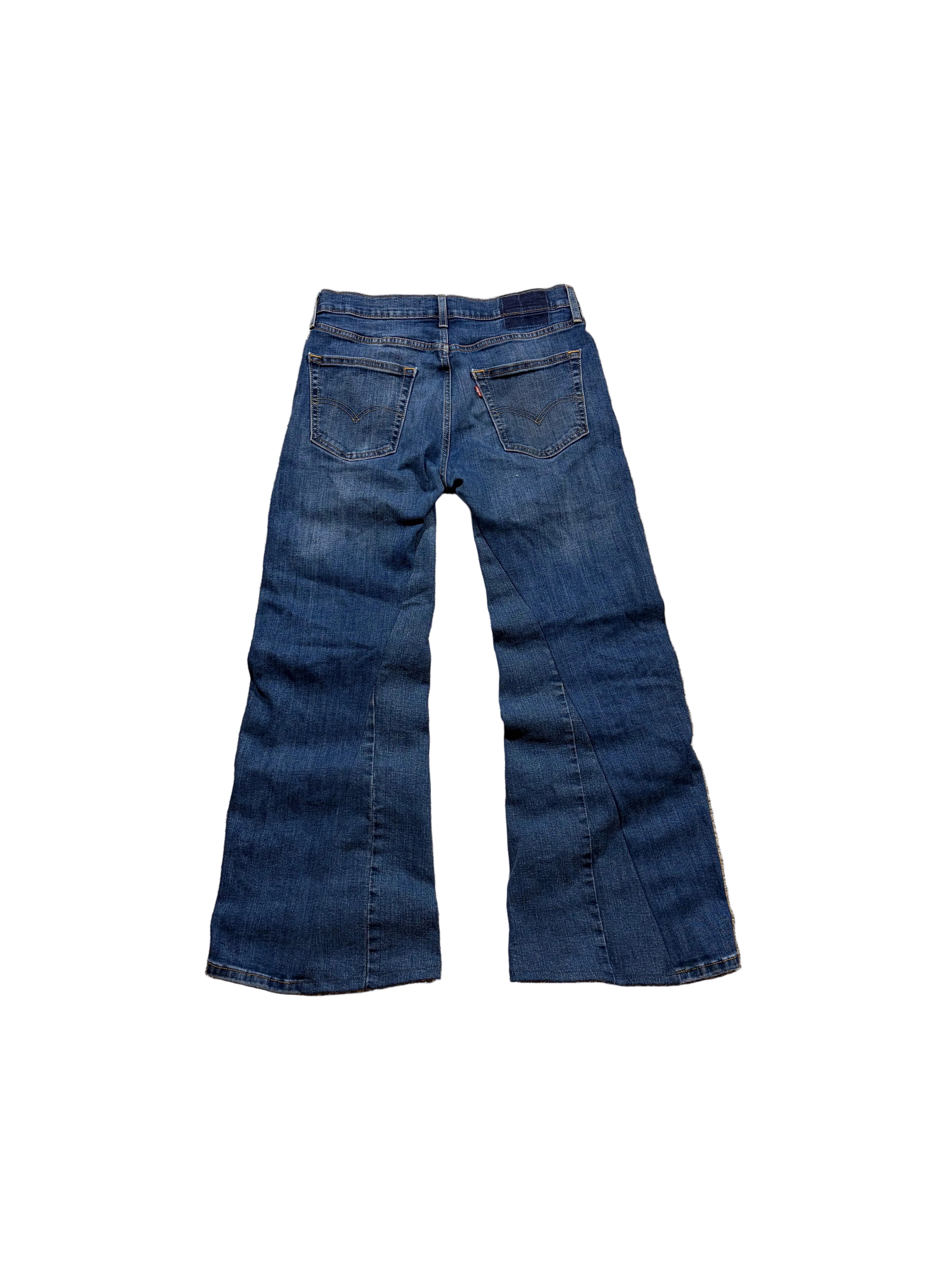 Dark blue painted bootcut jeans. Size: 32x32