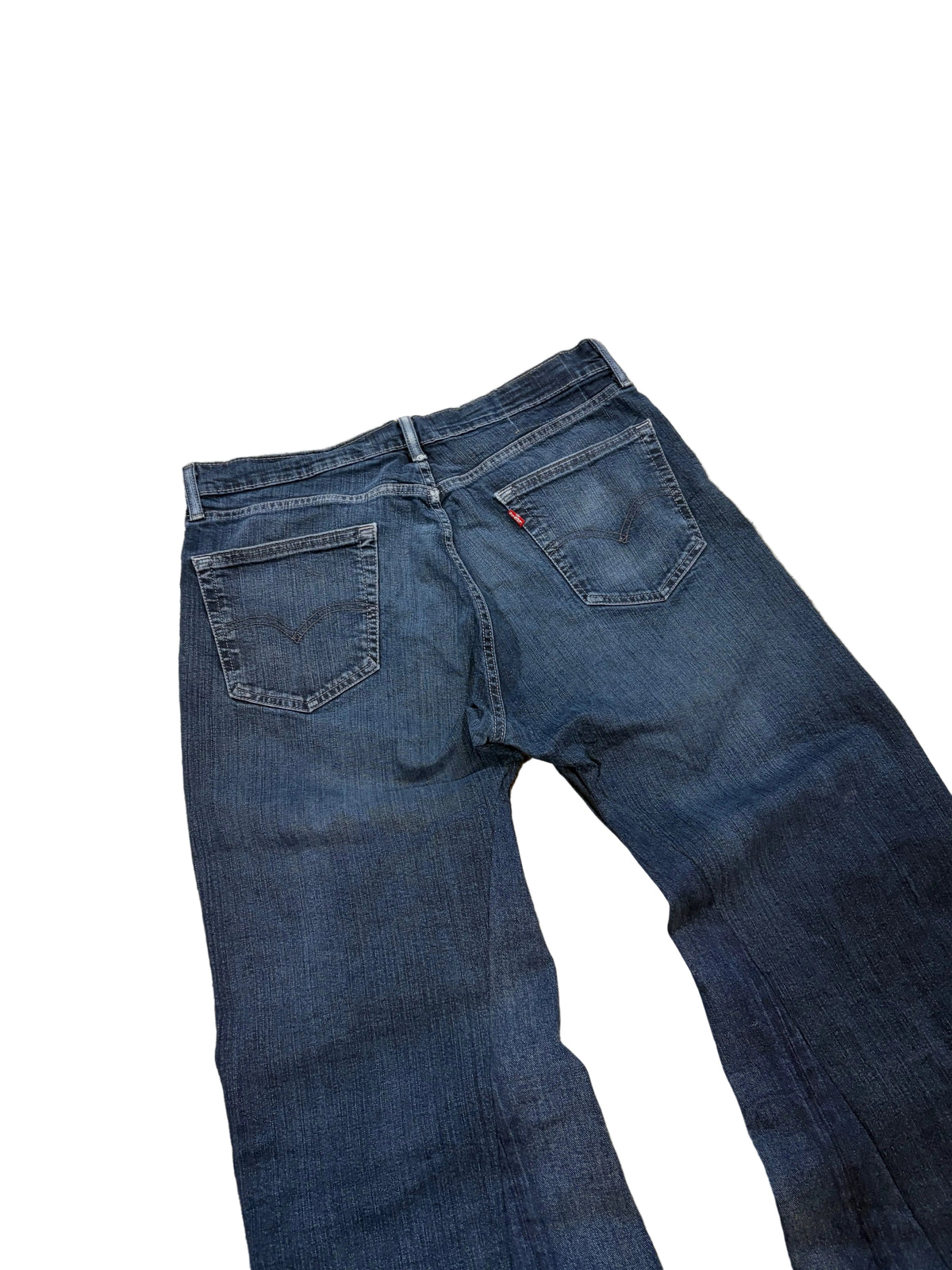Dark blue washed baggy bootcut jeans. Size: 34x32