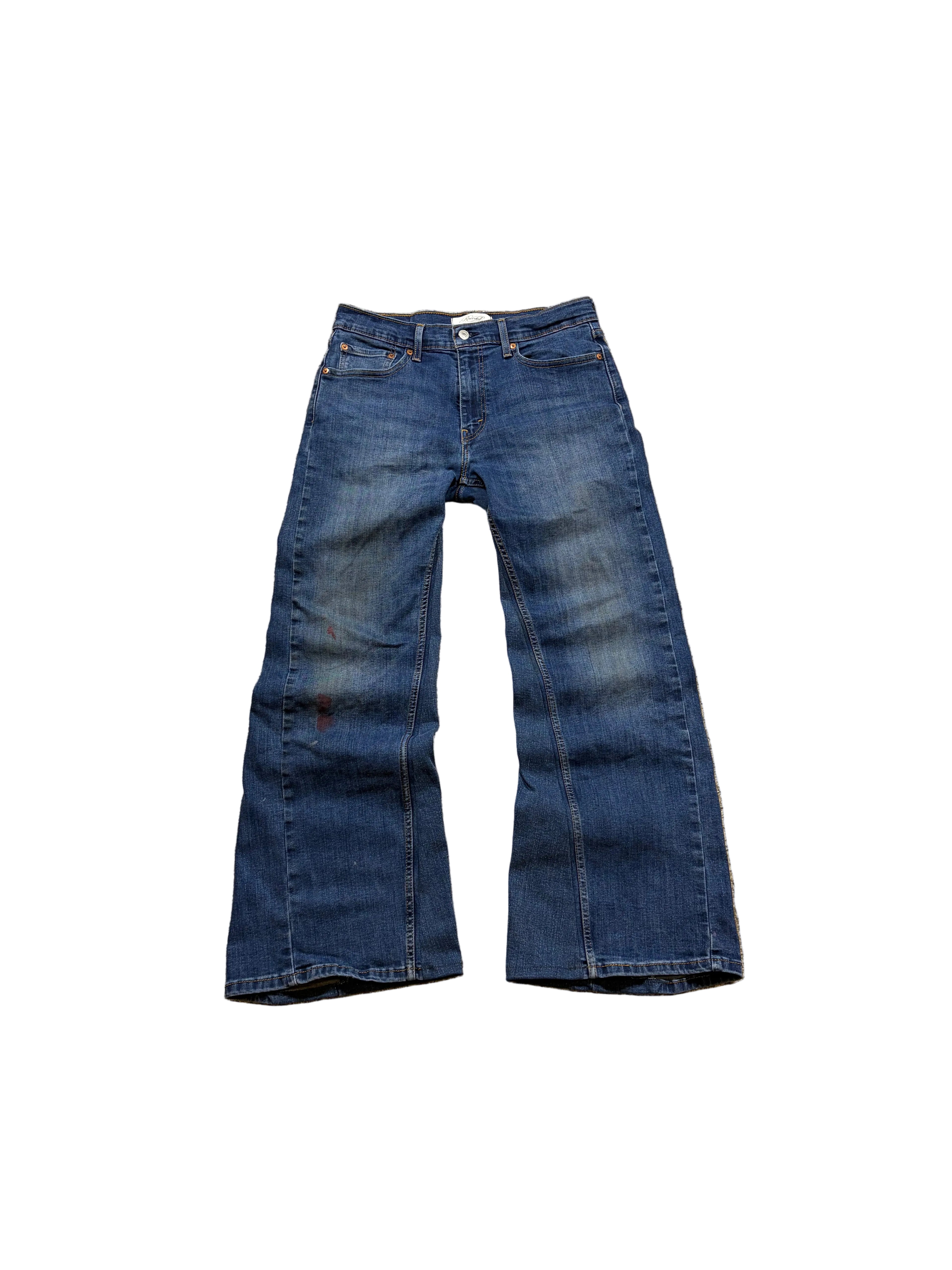 Dark blue painted bootcut jeans. Size: 32x32