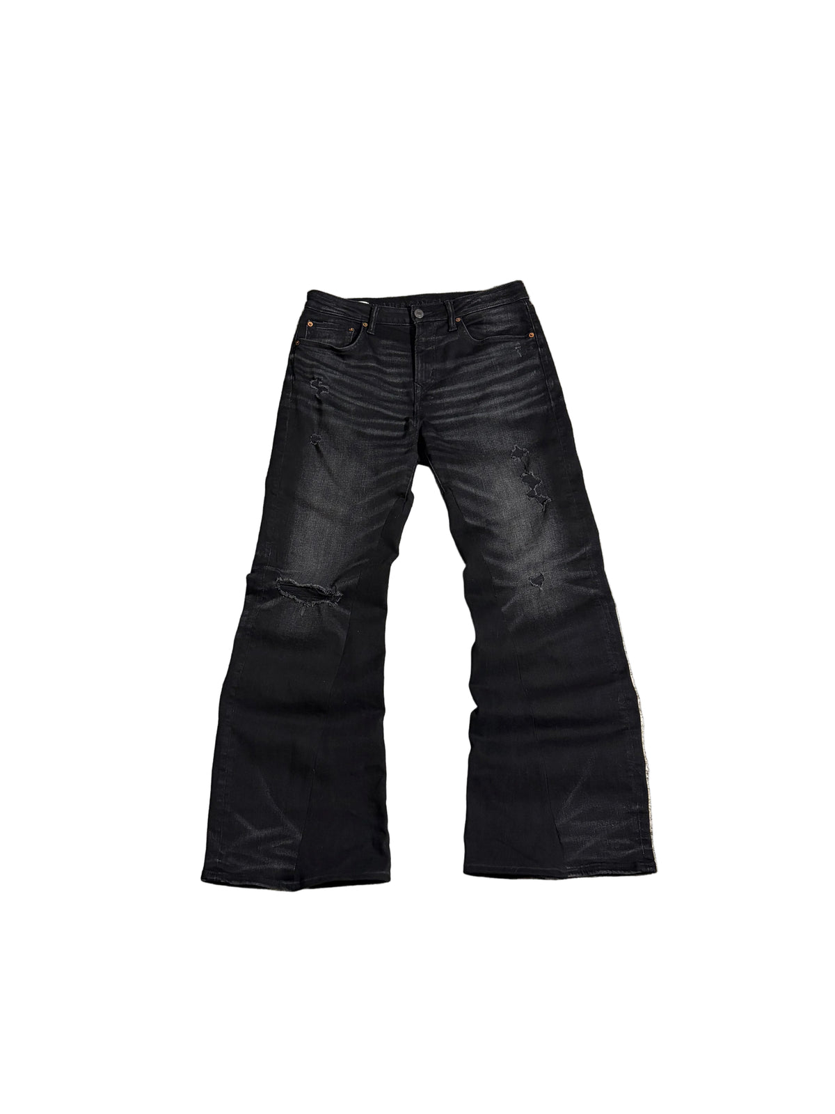 Distressed black flared jeans. Size: 32x34