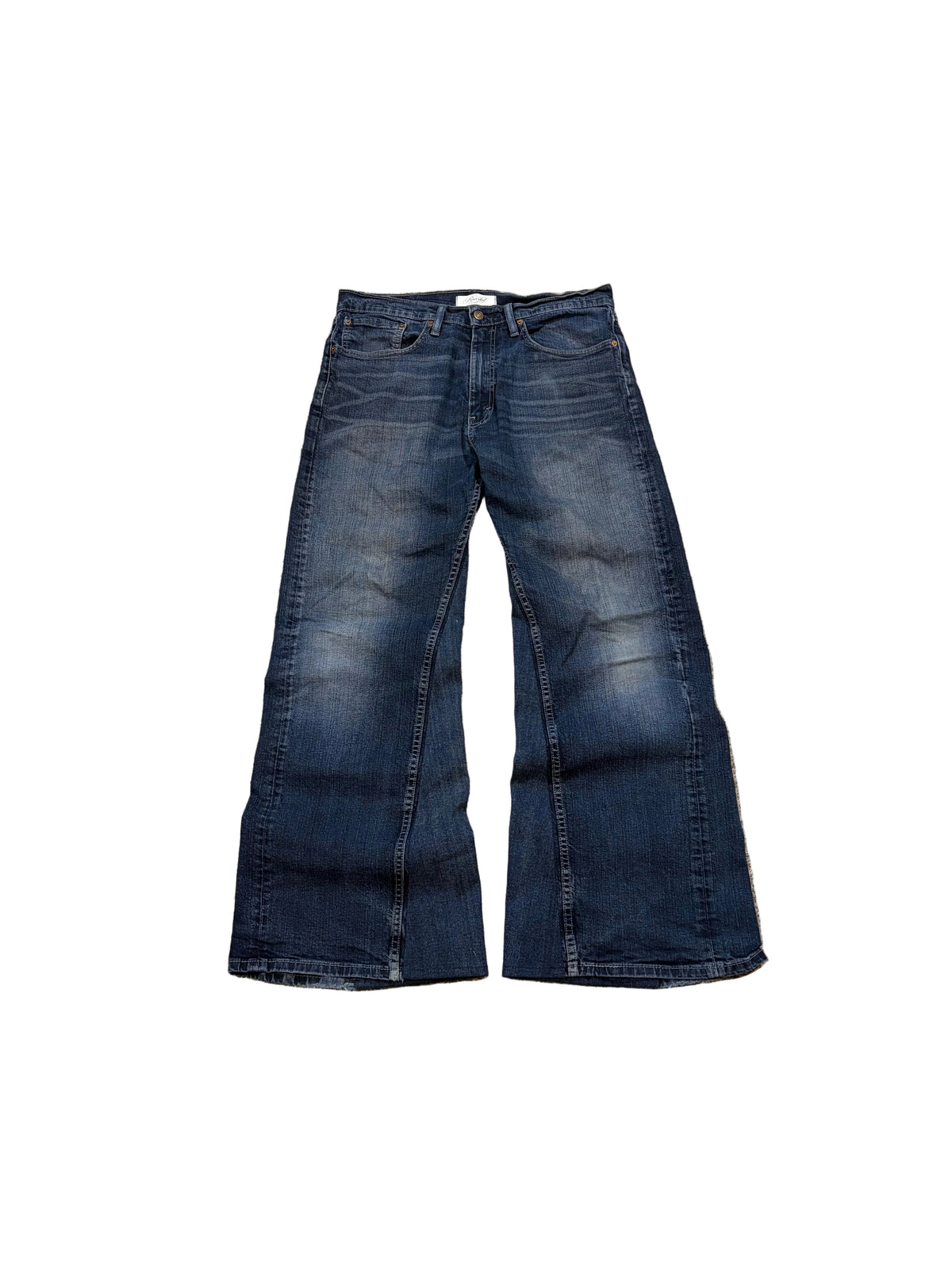 Dark blue washed baggy bootcut jeans. Size: 34x32