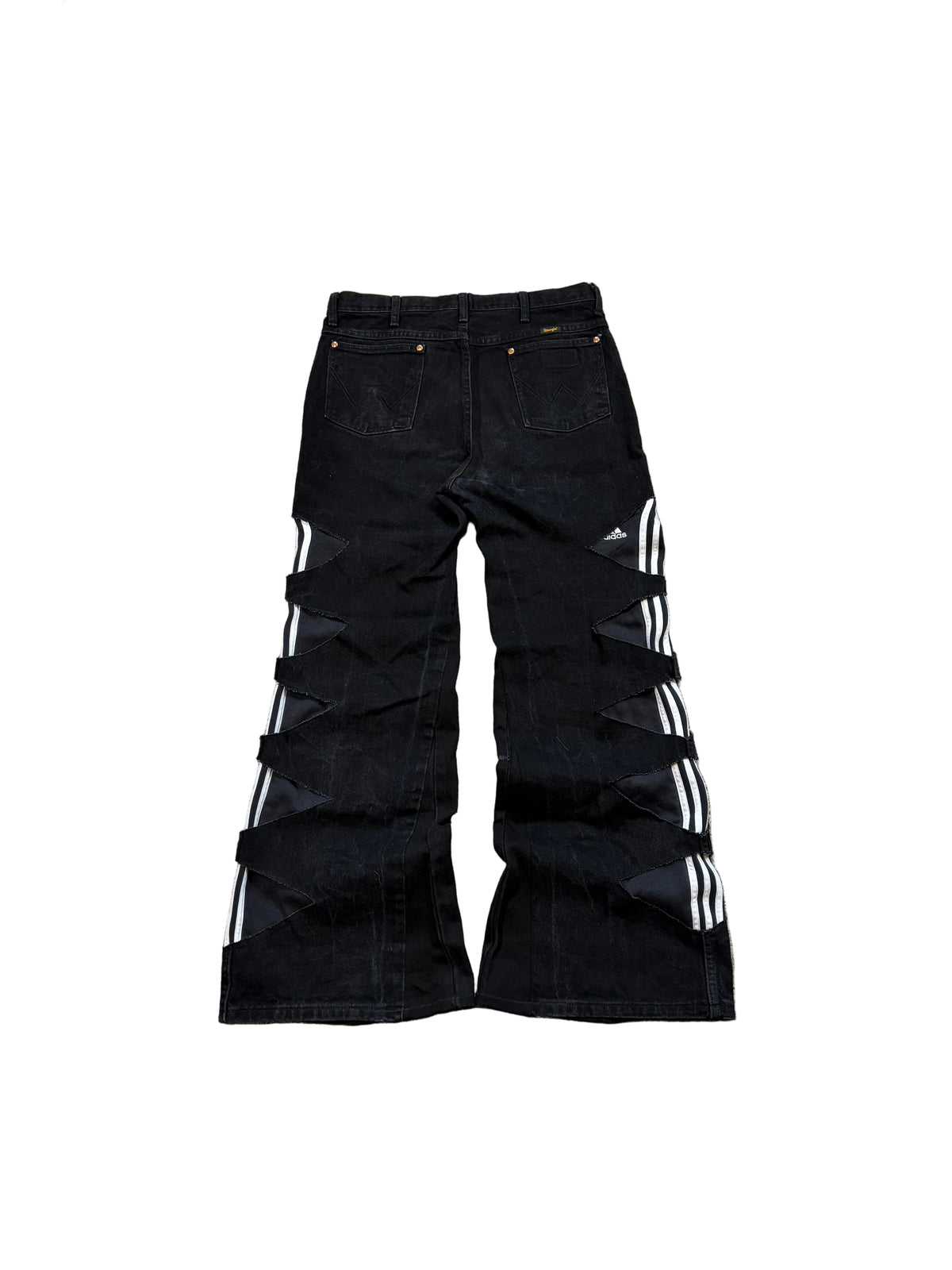 1of1 black adidas distressed baggy bootcut jeans. Size: 34x34
