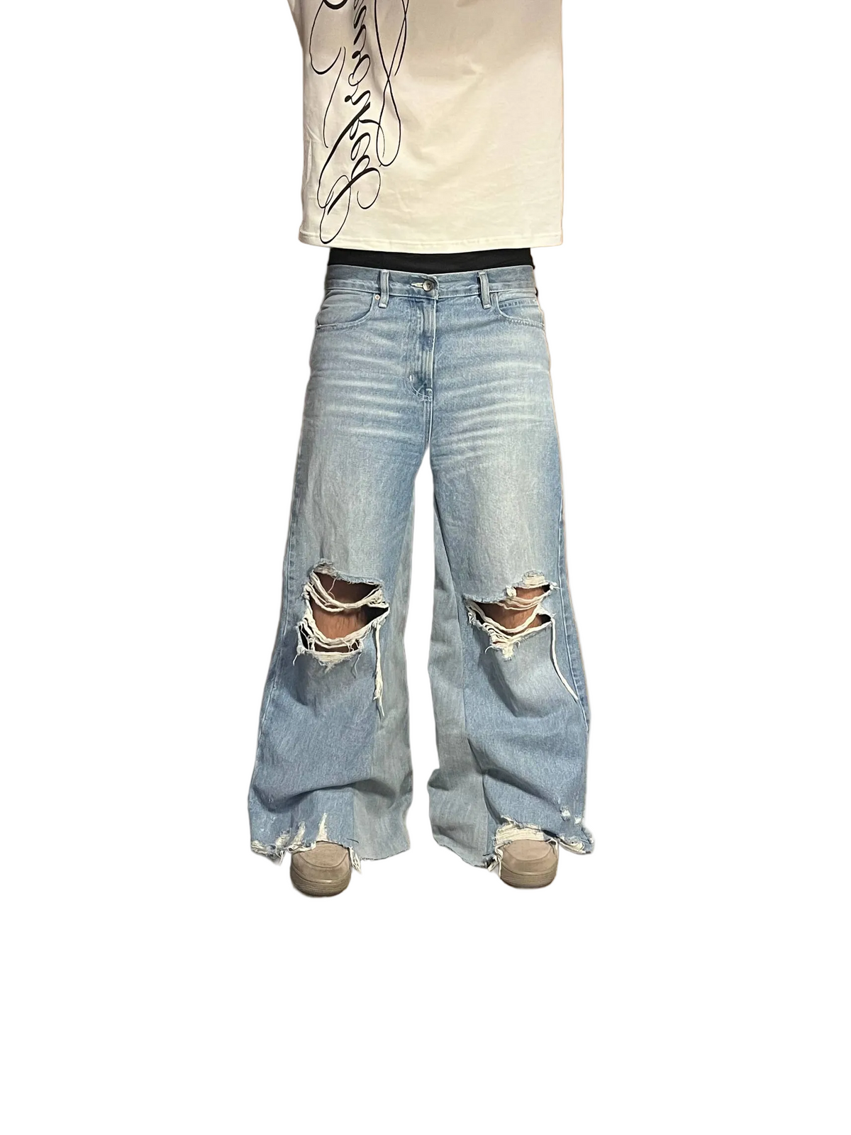 1of1 Light blue distressed baggy jeans. Size: 35/ 30