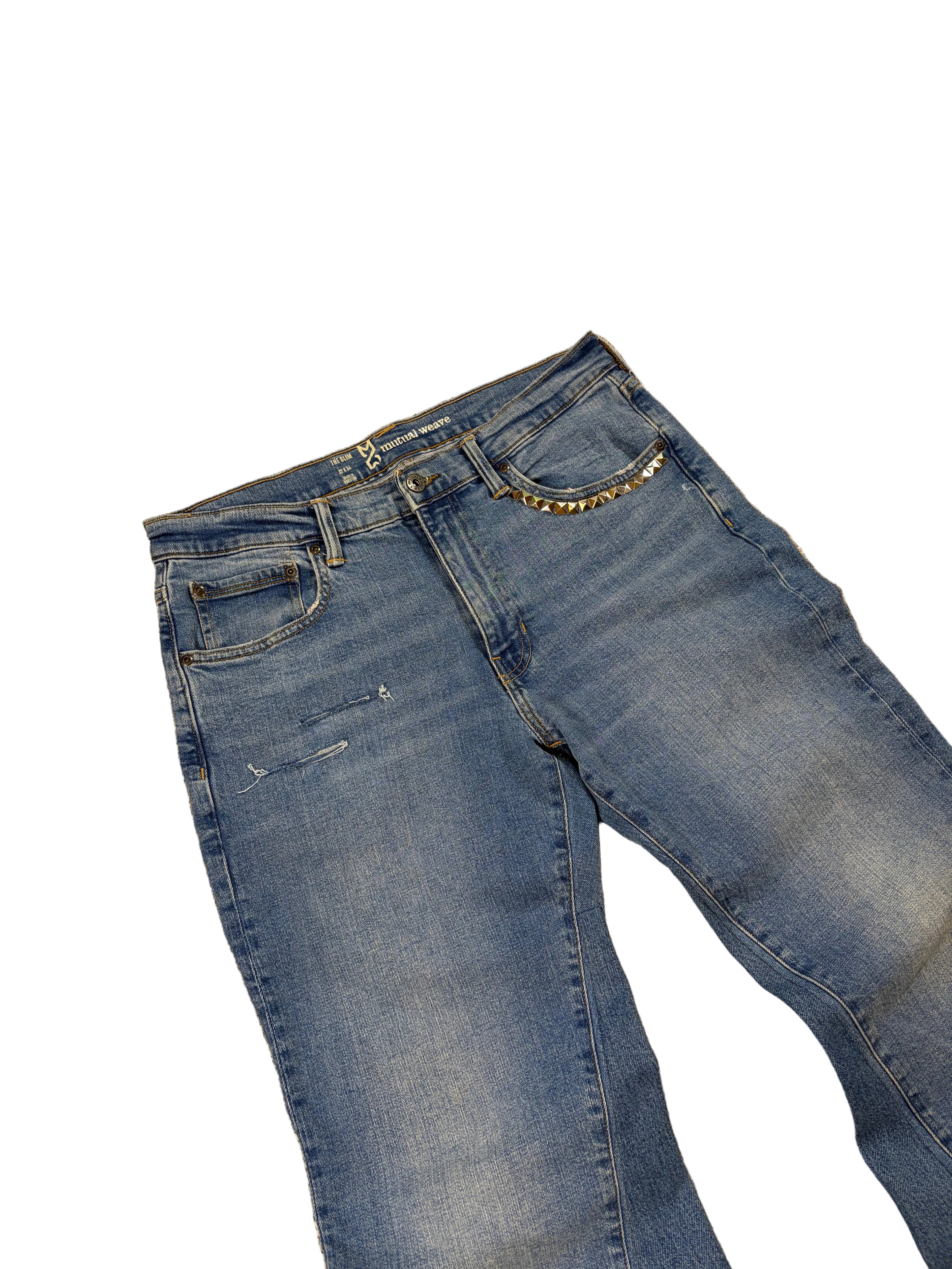 1of1 blue washed bootcut jeans. Size: 32x34