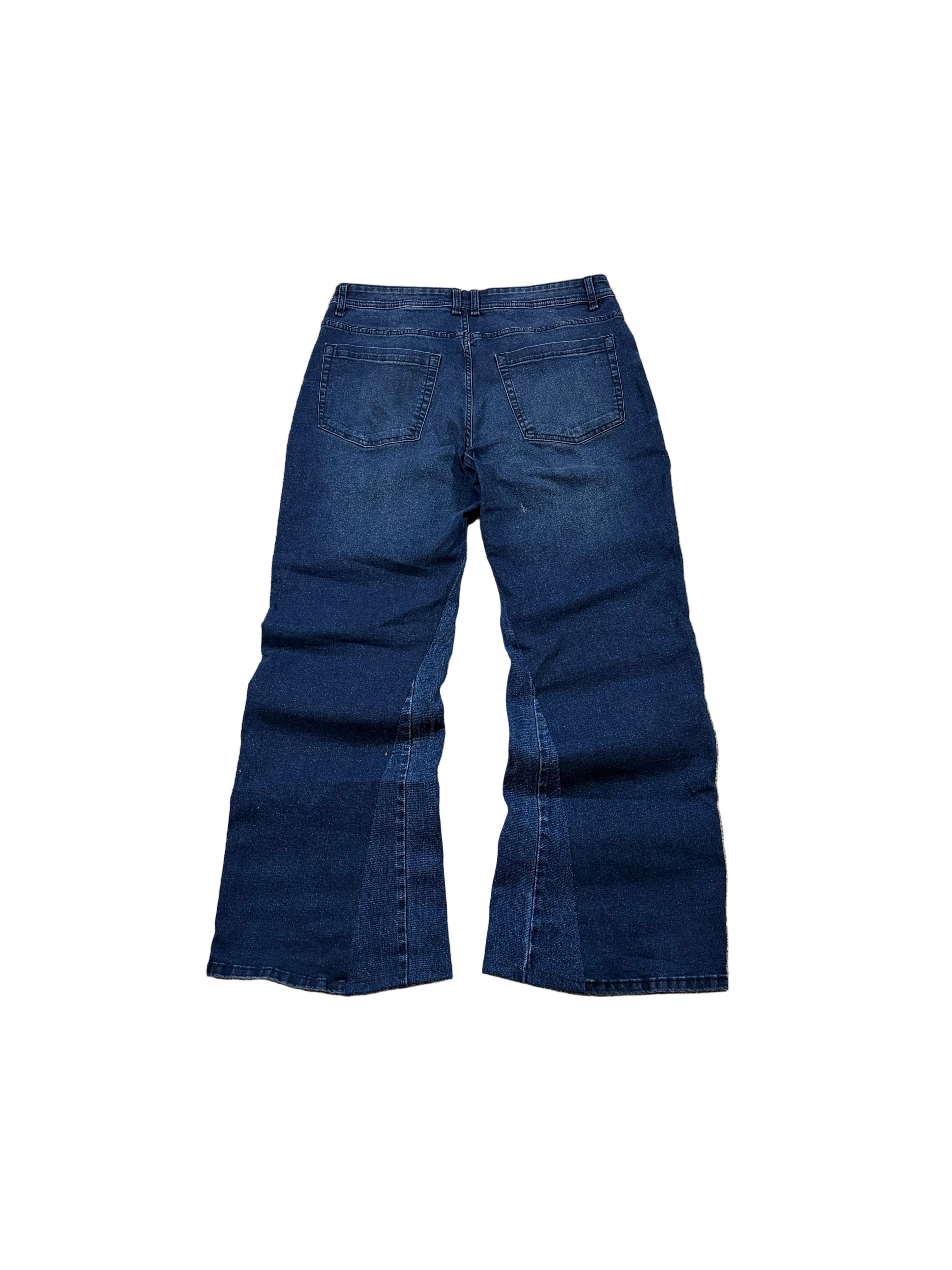 1of1 dark blue reworked baggy jeans. Size: 35x32