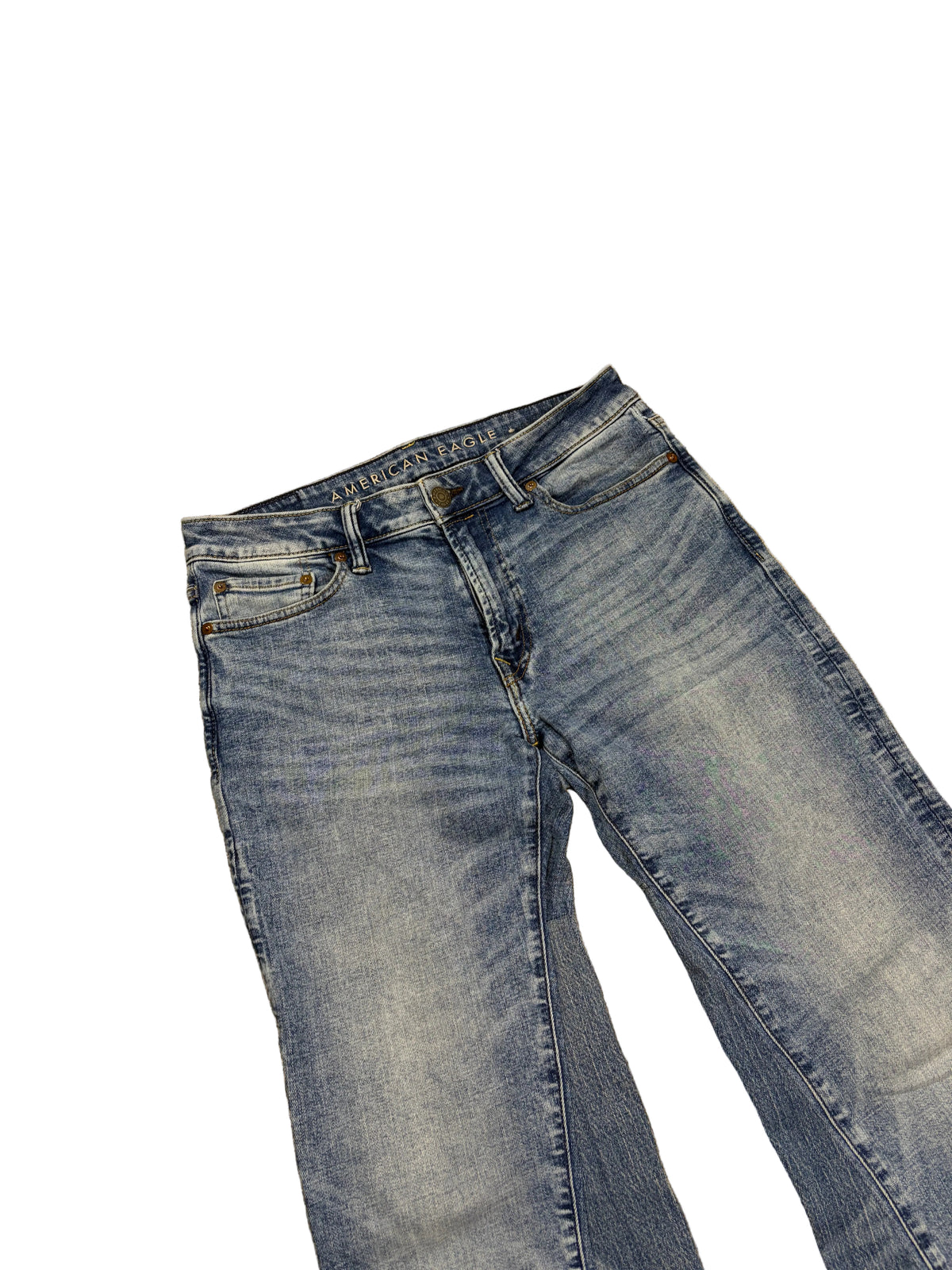 Blue stacked baggy bootcut jeans. Size: 30x34