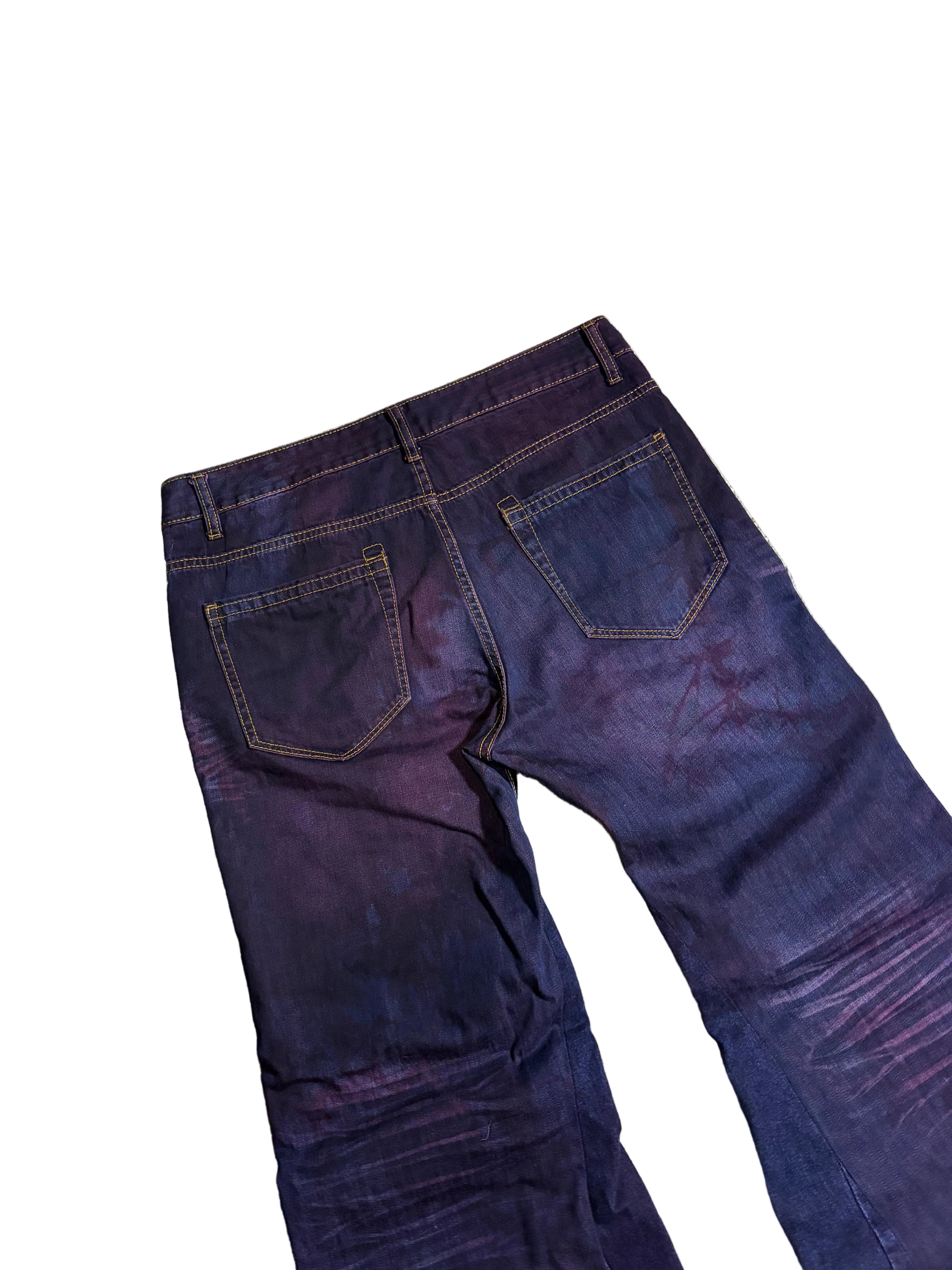 1of1 color purple baggy flared jeans. Size: 33x31