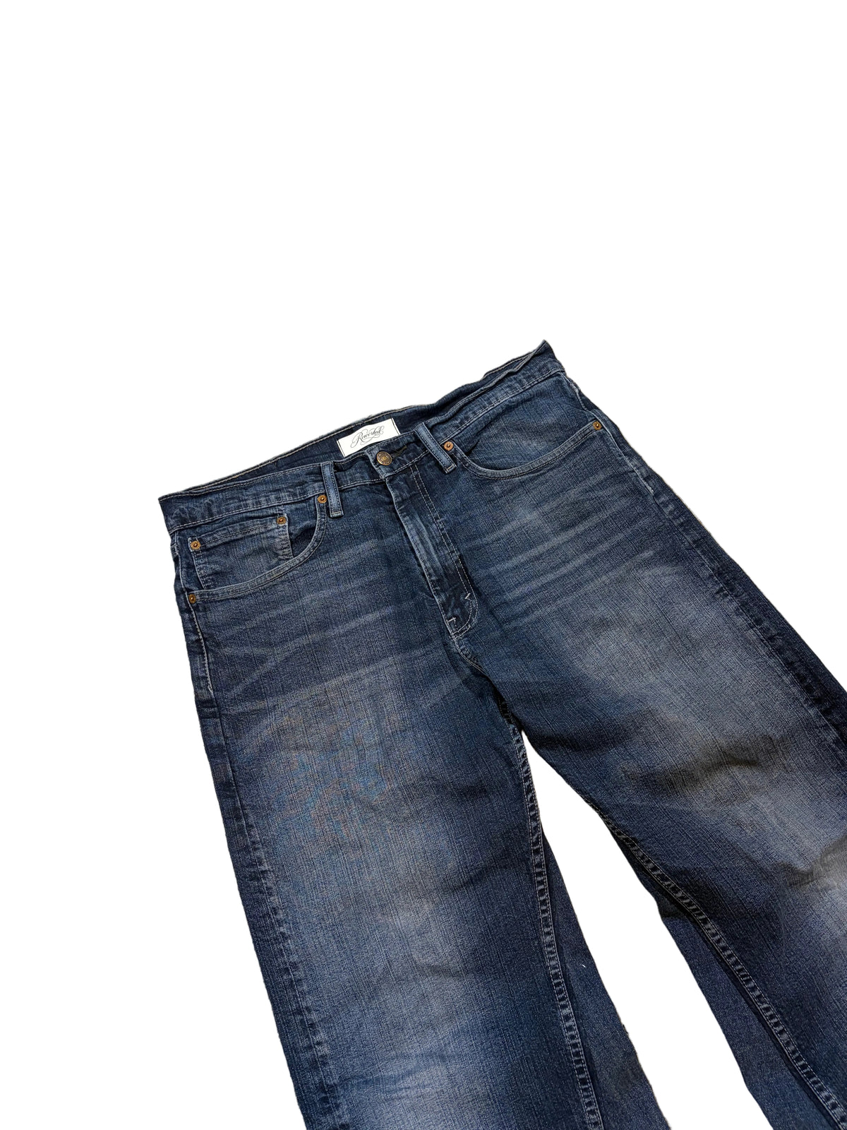 Dark blue washed baggy bootcut jeans. Size: 34x32