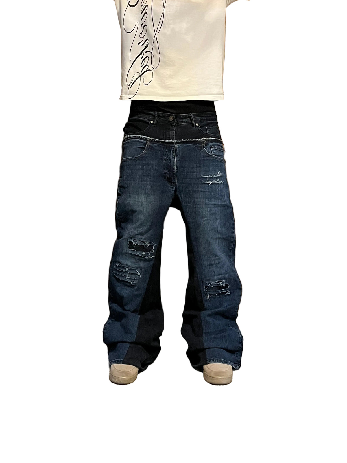 1of1 reworked double waist jeans. Size: 32x31