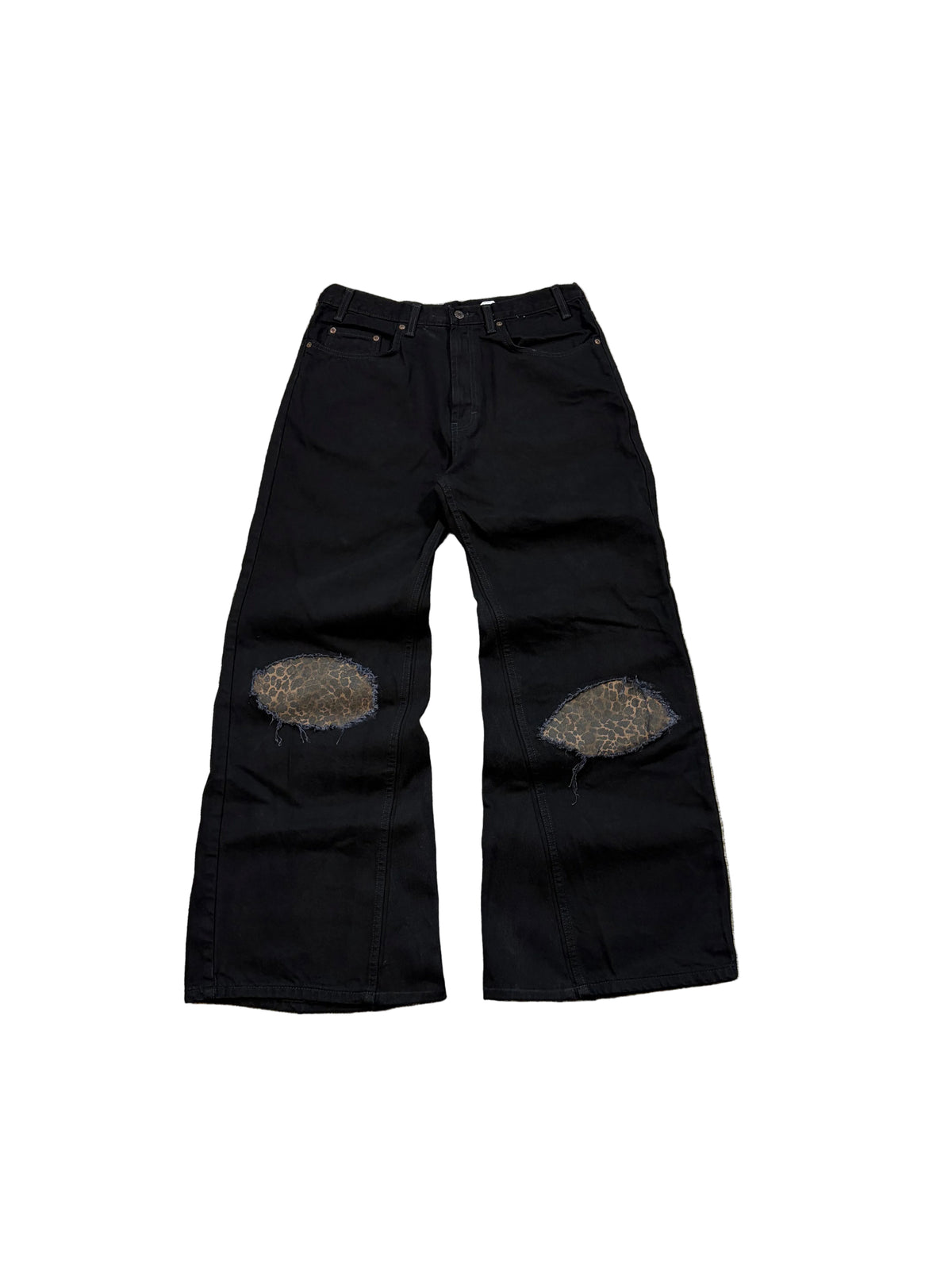 1of1 reworked distressed jet black jeans. Size: 34x32