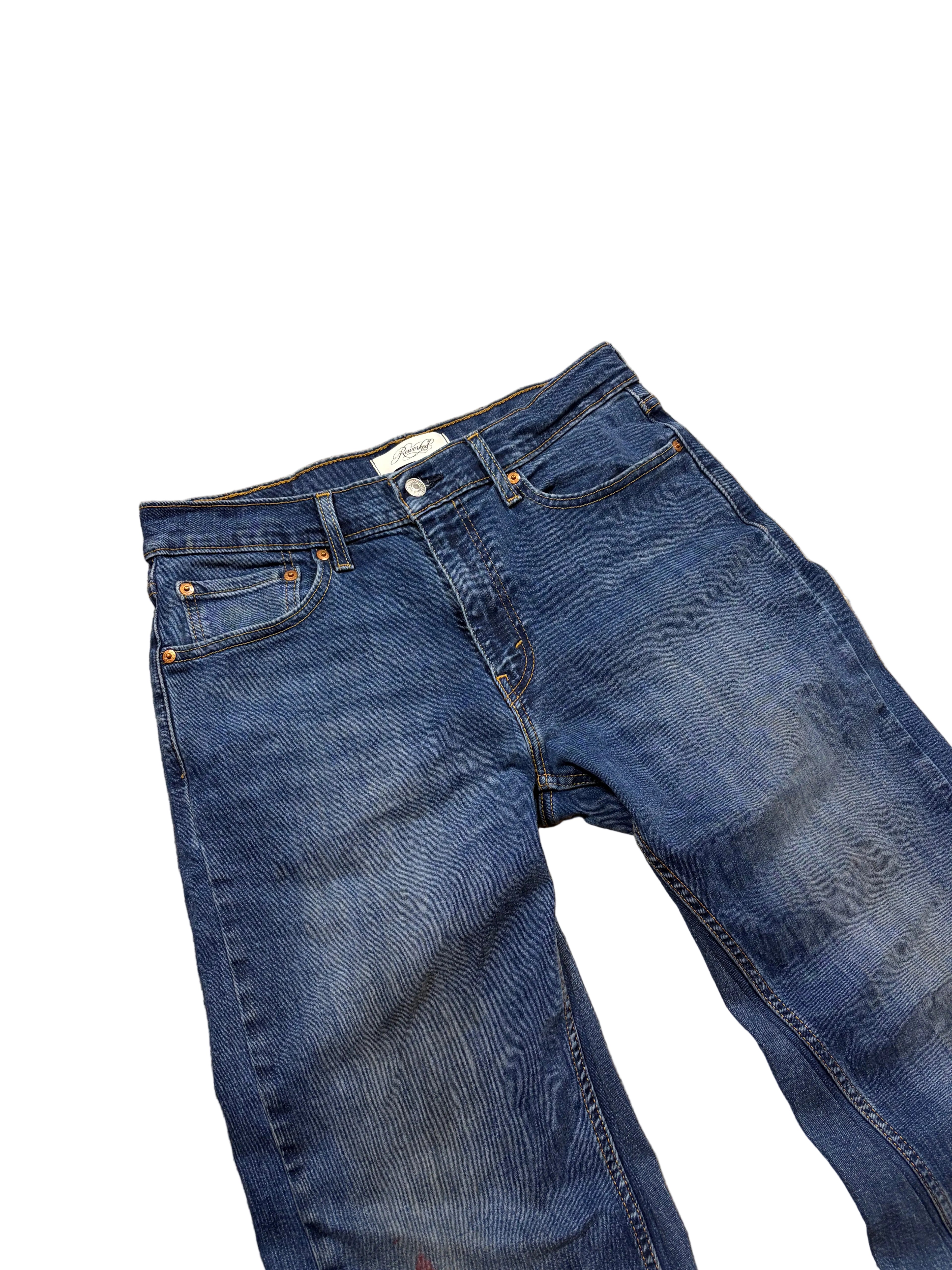 Dark blue painted bootcut jeans. Size: 32x32