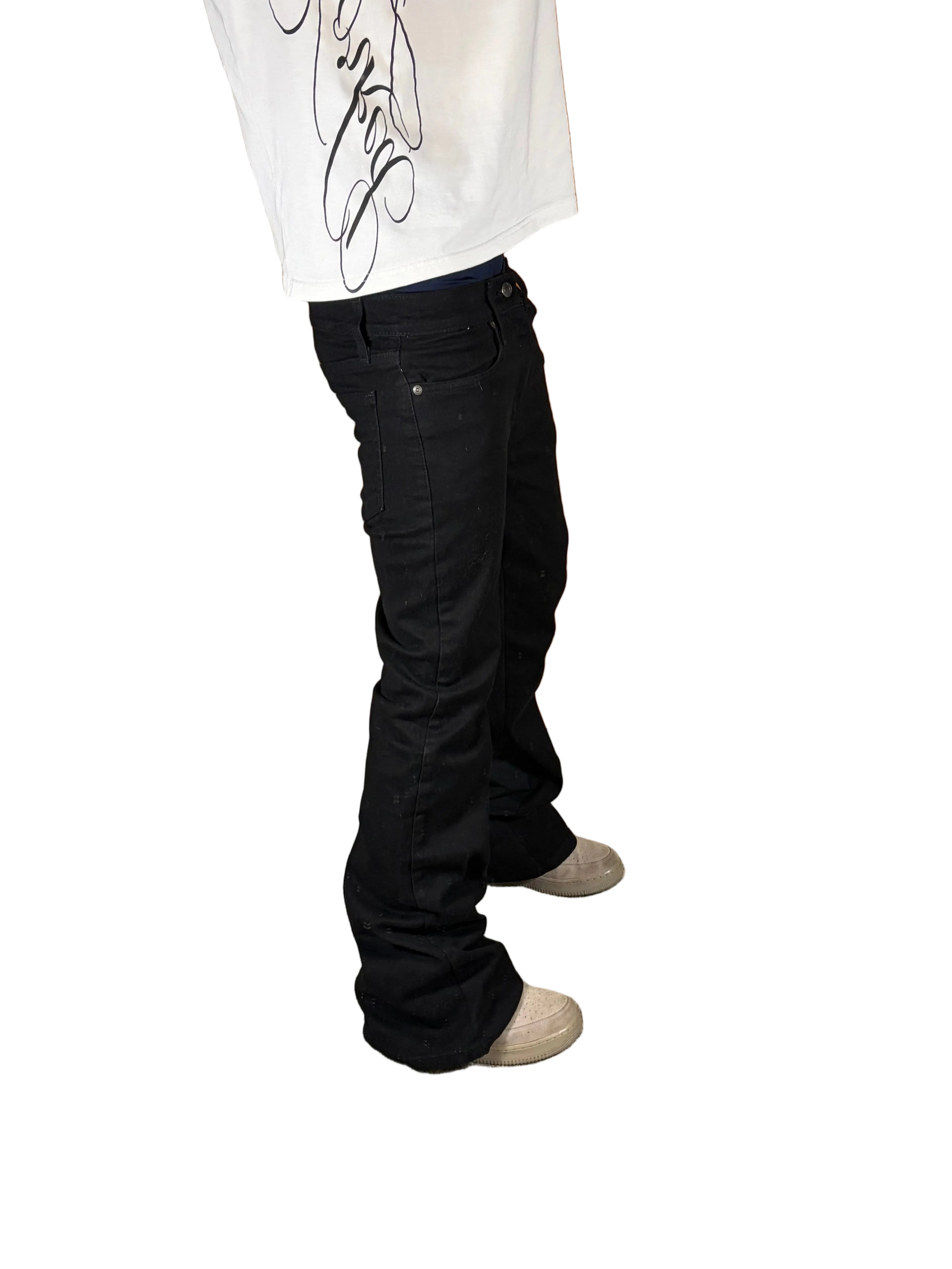 1of1 black reworked flared jeans. Size: 29x32