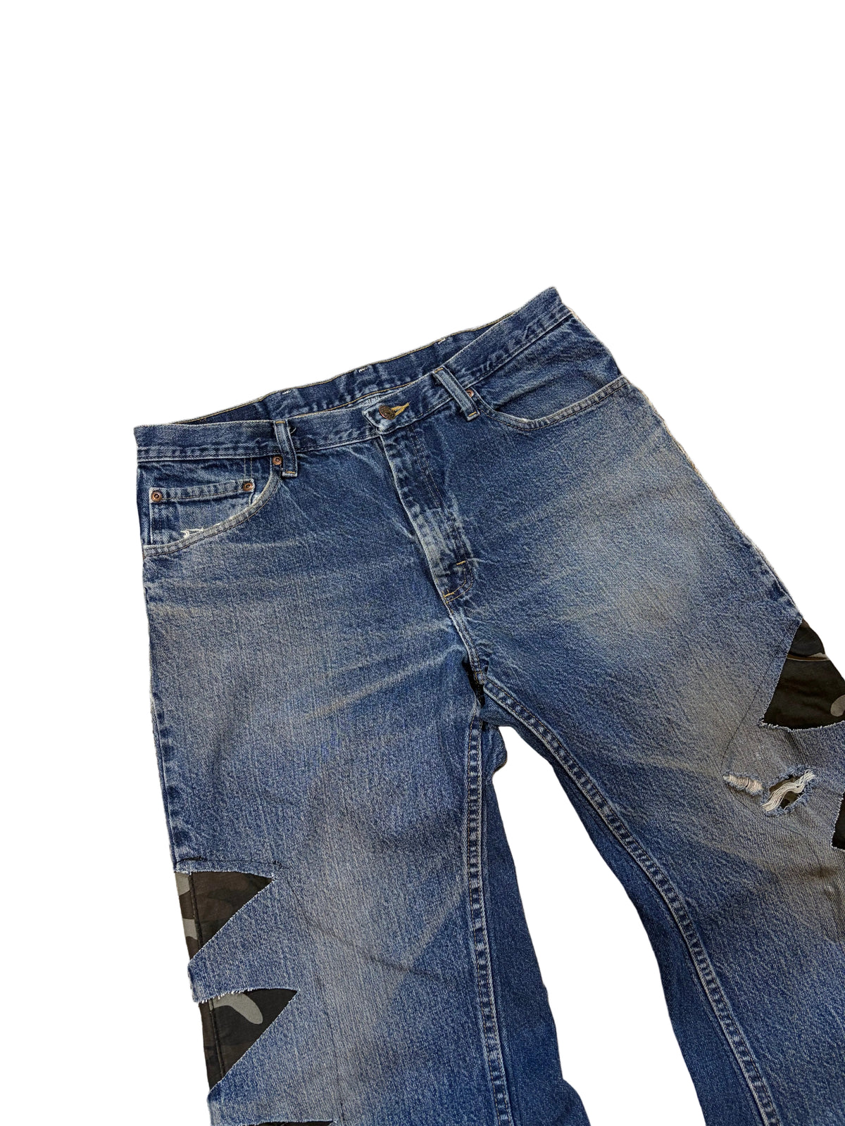 1of1 washed blue camo distressed jeans. Size: 34x32