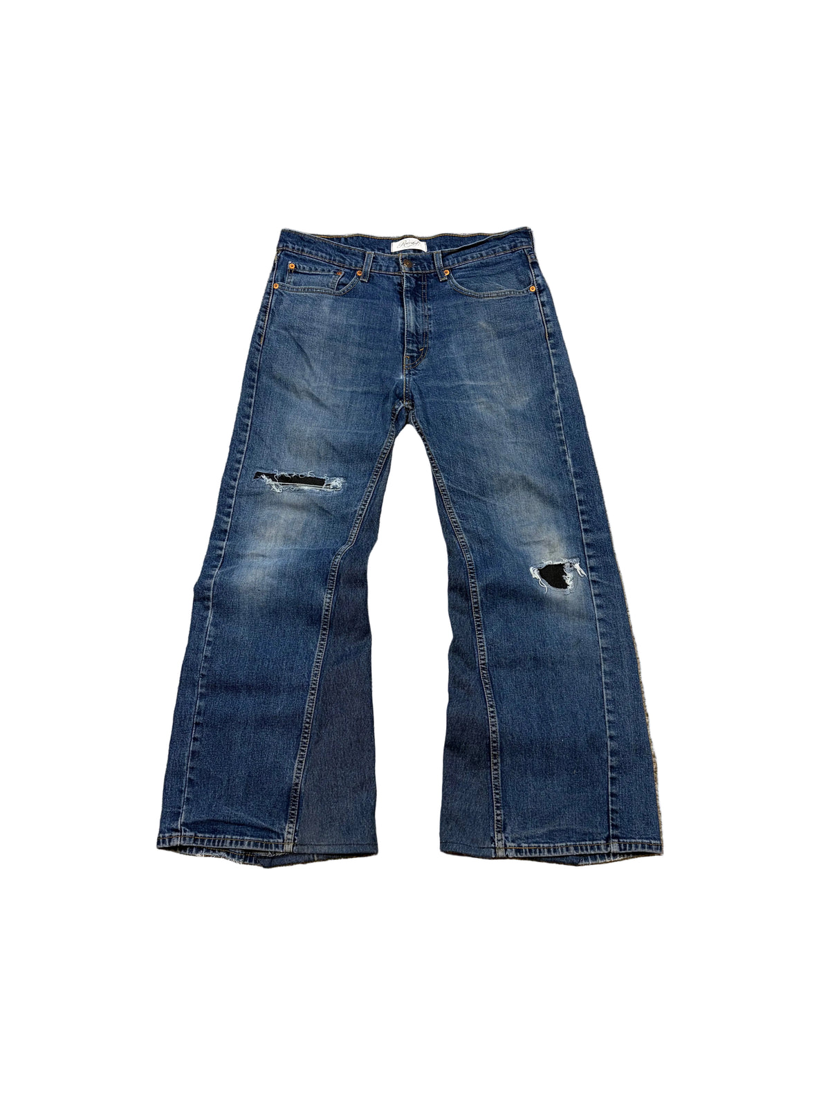 1of1 navy blue distressed jeans. Size: 34x32