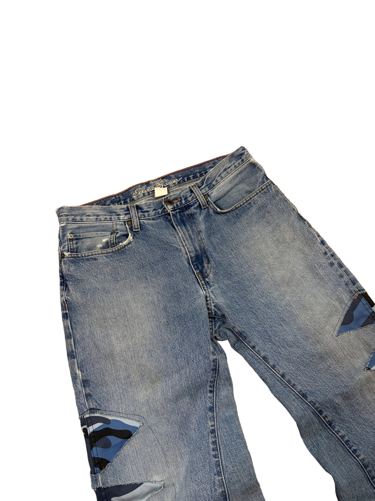 Blue camo distressed baggy bootcut jeans. Size: 33x32