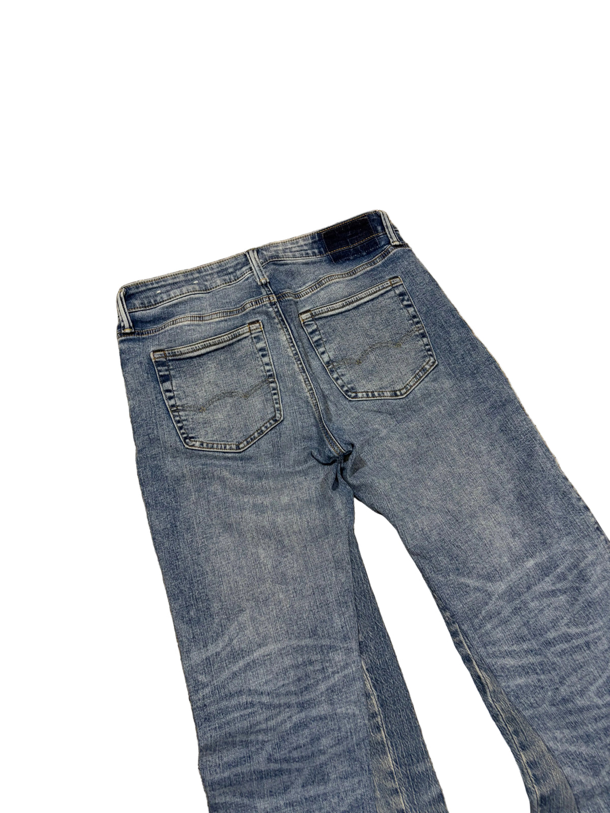 Blue stacked baggy bootcut jeans. Size: 30x34
