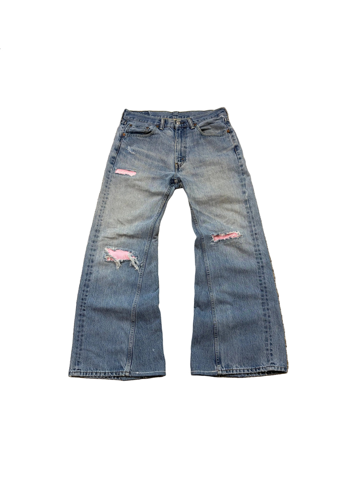 Blue/pink distressed baggy bootcut jeans. Size: 33x32