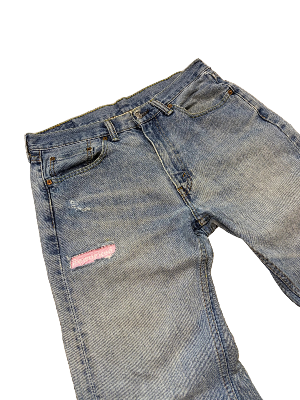 Blue/pink distressed baggy bootcut jeans. Size: 33x32