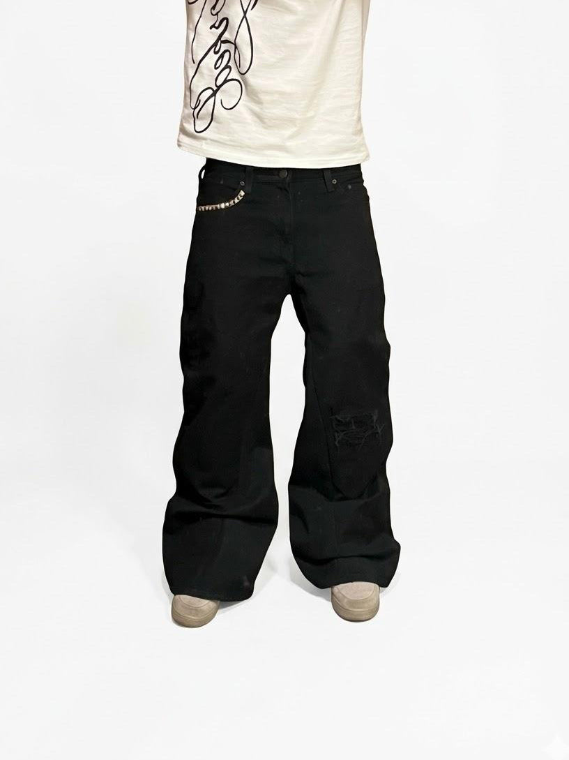 Black distressed reworked jeans