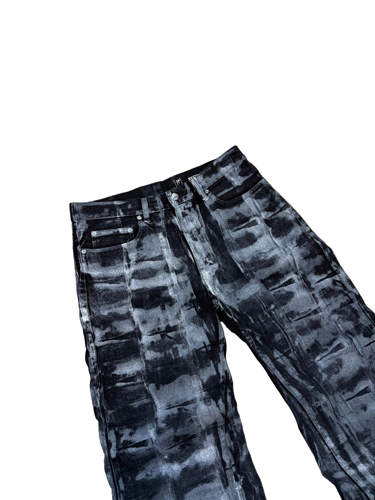 1of1 black painted baggy jeans. Size: 32x32