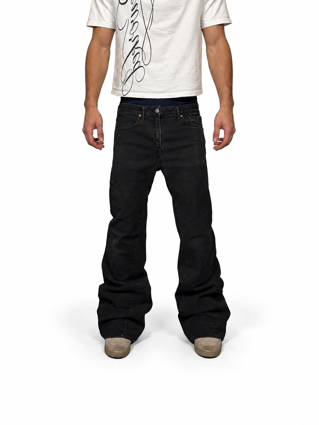 1of1 black stacked flared jeans. Size: 34x34
