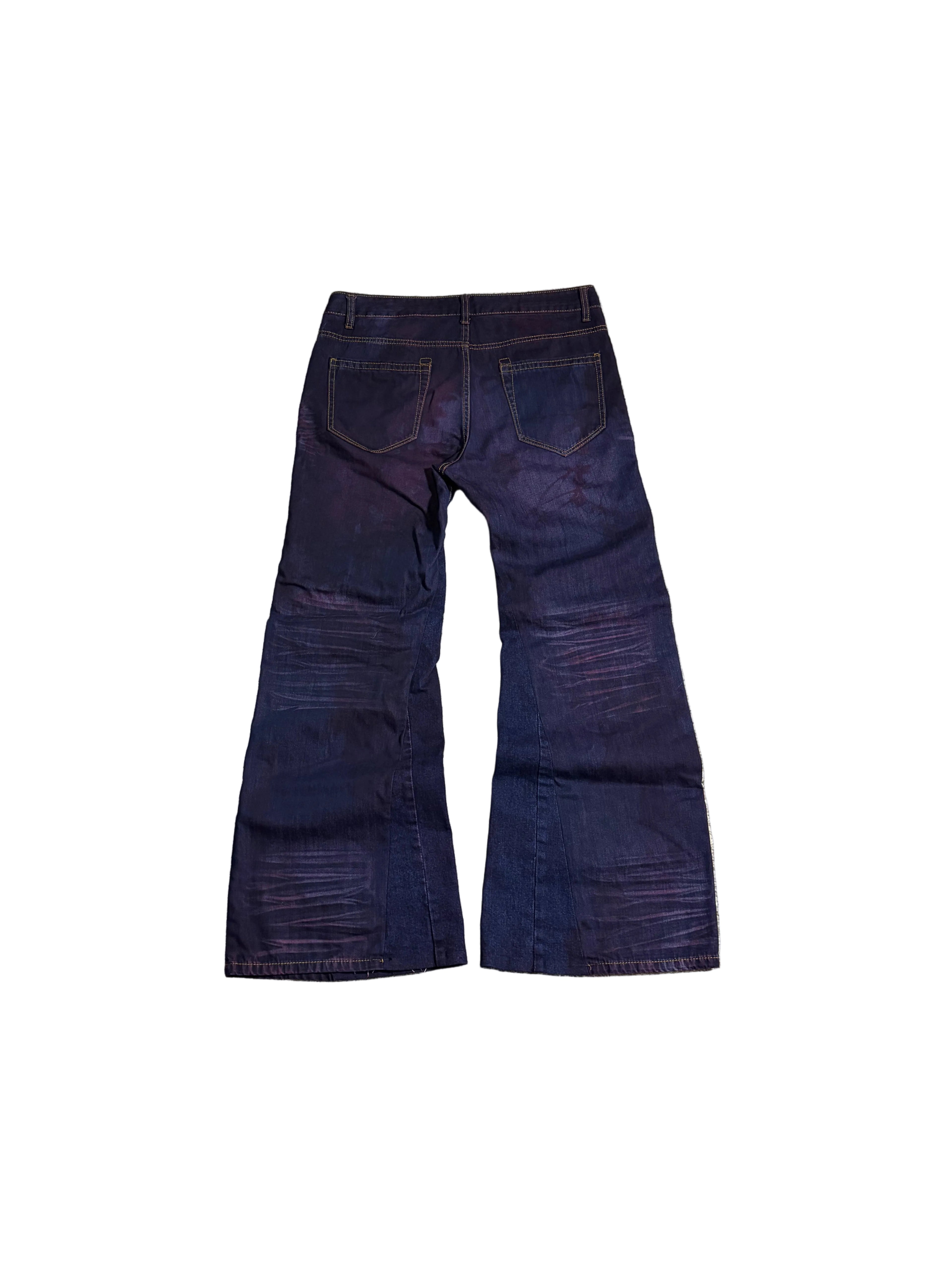 1of1 color purple baggy flared jeans. Size: 33x31