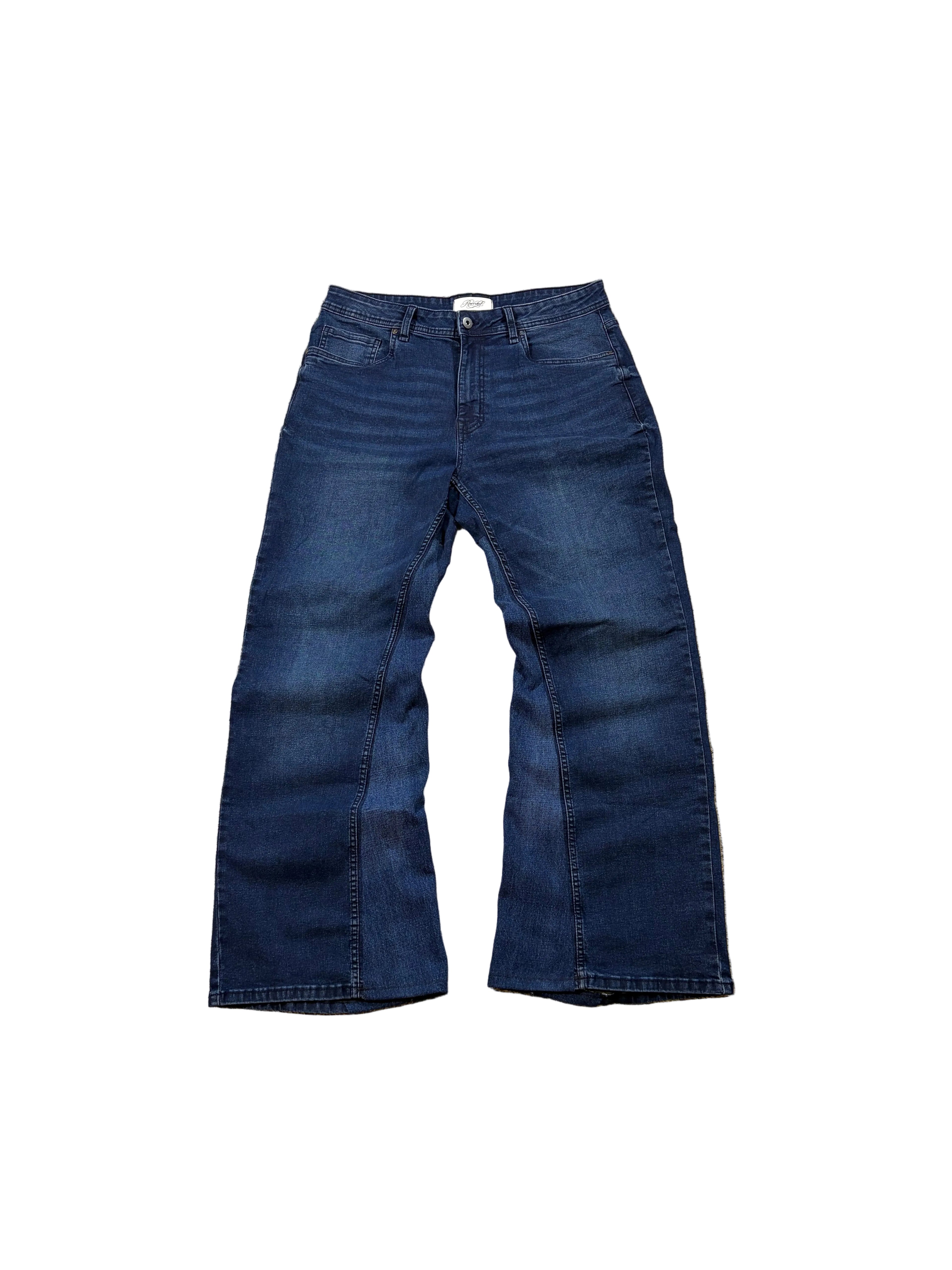 1of1 dark blue reworked baggy jeans. Size: 35x32