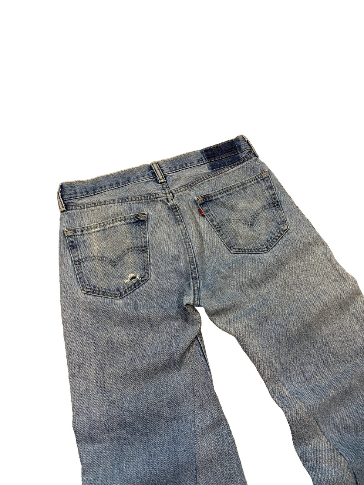 Blue/pink distressed baggy bootcut jeans. Size: 33x32