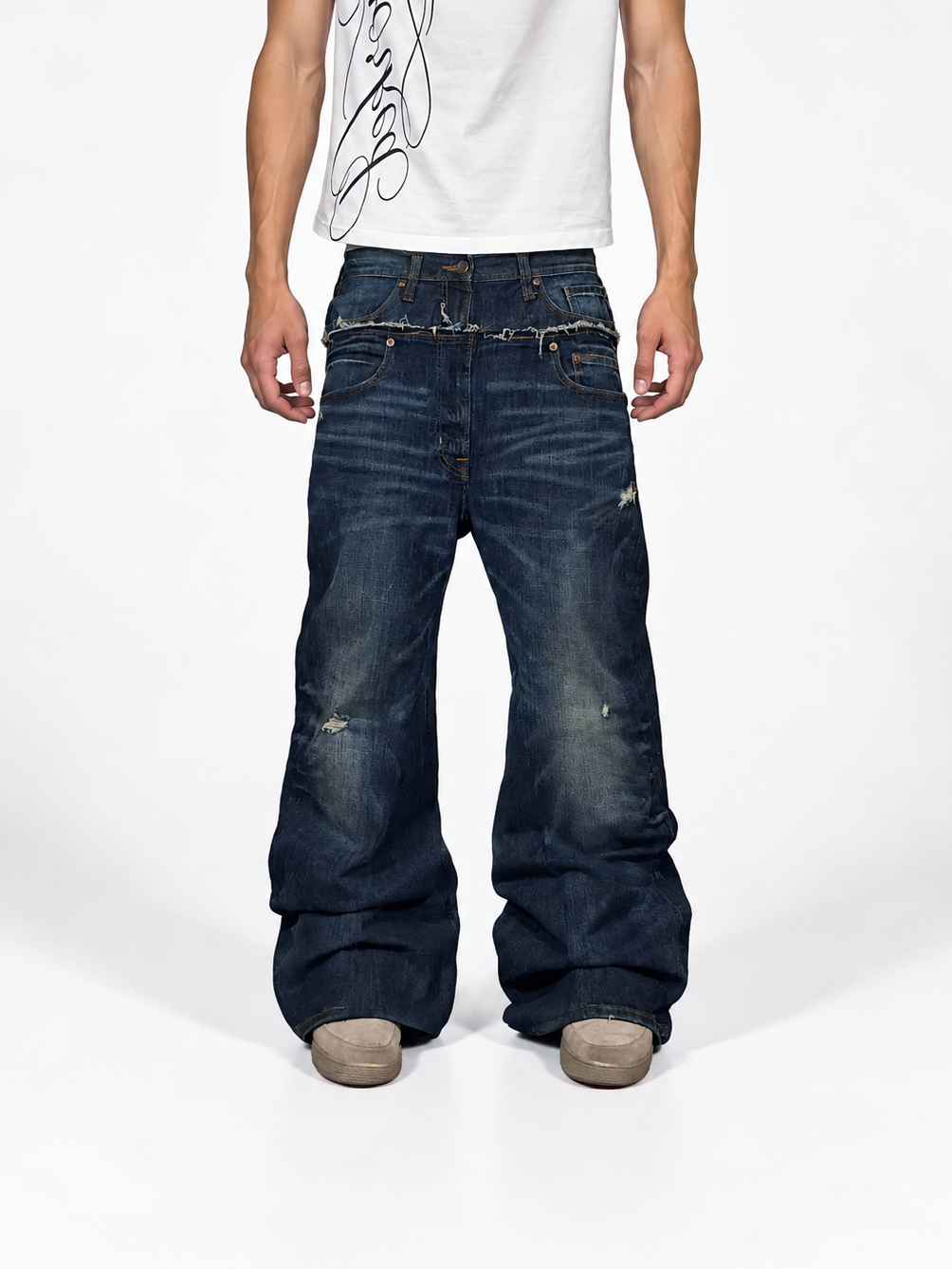1of1 navy blue double waist jeans. Size: 33x30