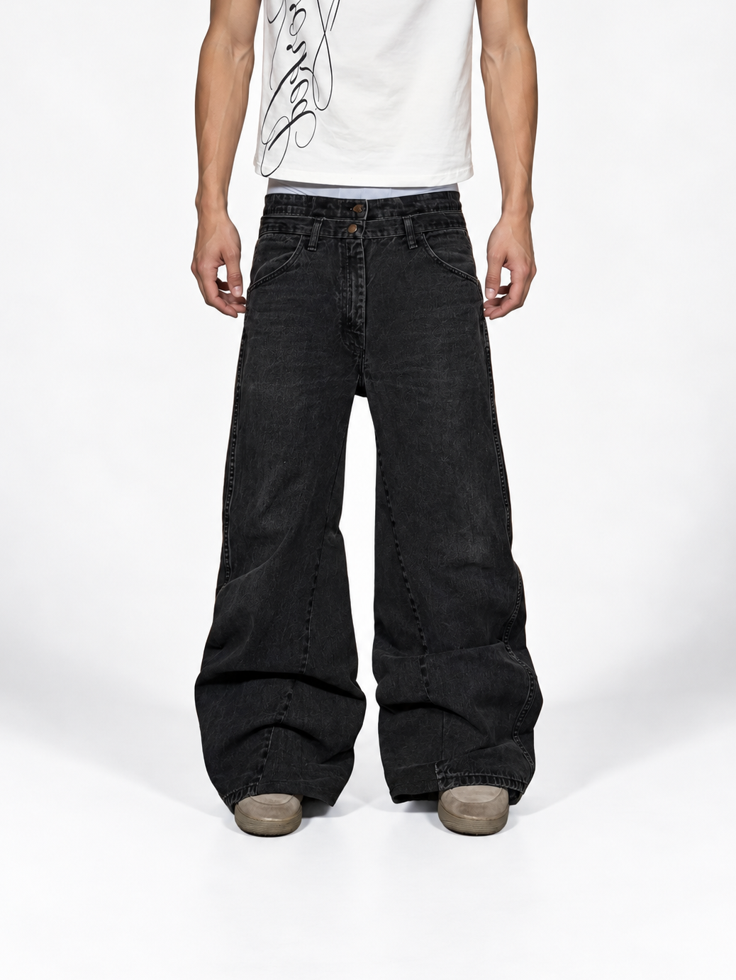 1of1 dark gray double waist baggy jeans. Size: 32x30