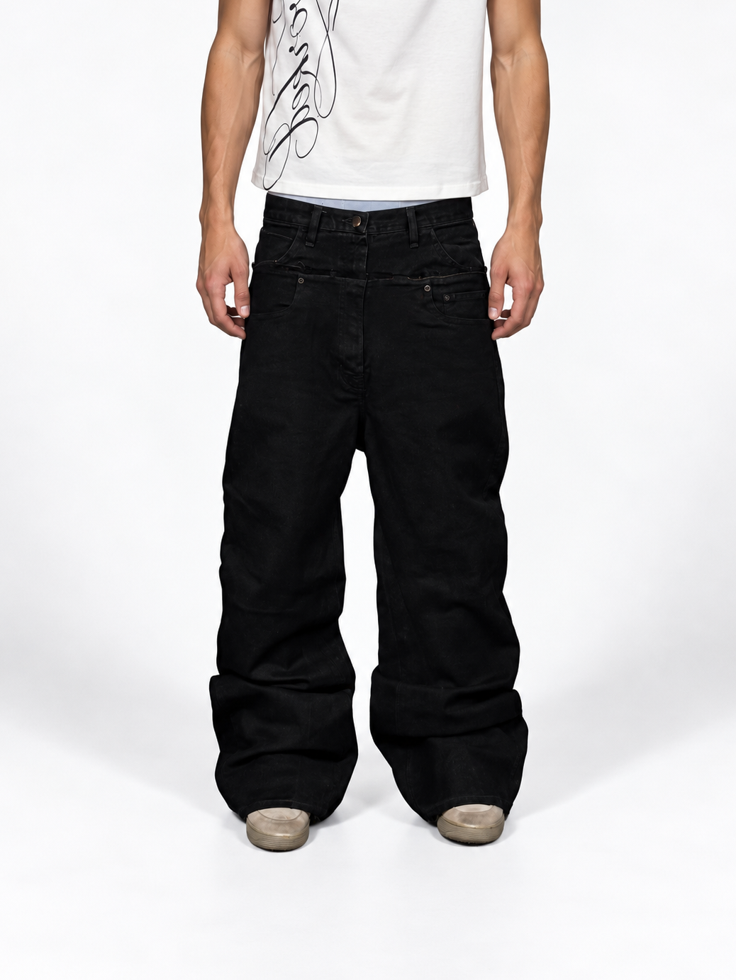 1of1 jet black baggy double waist jeans. Size: 32x32