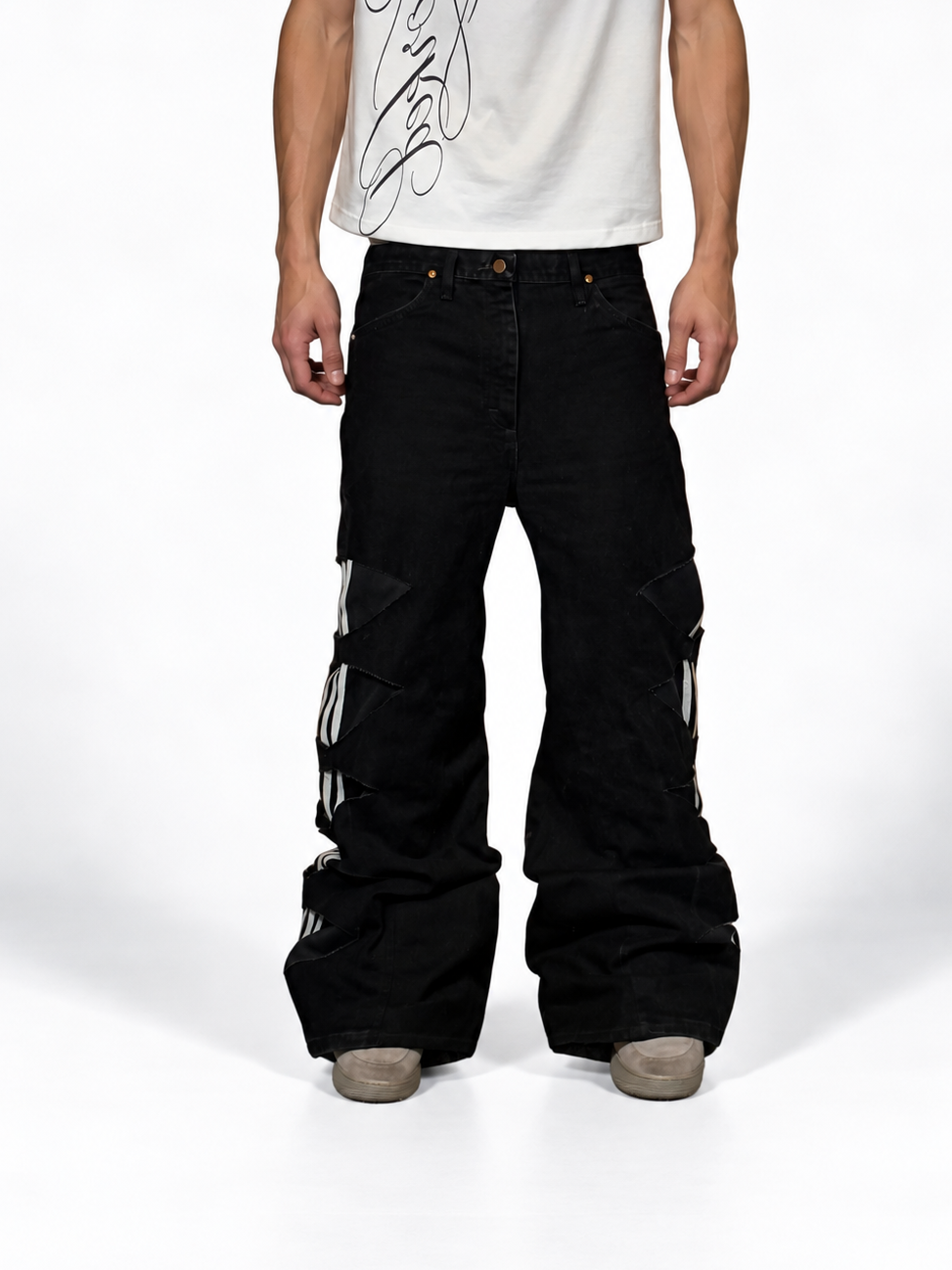 1of1 black adidas distressed baggy bootcut jeans. Size: 34x34