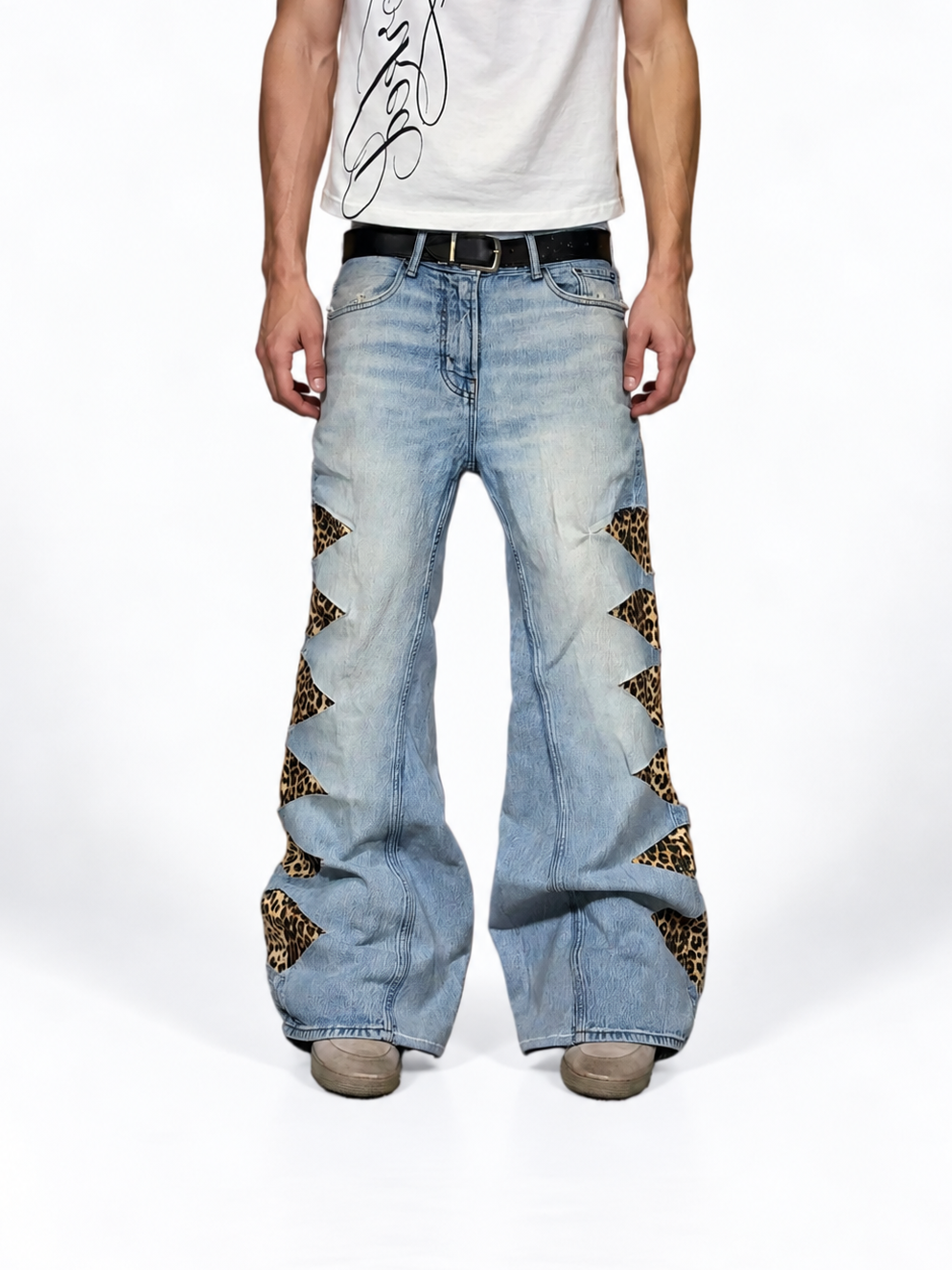 1of1 reworked light blue cheetah print distressed jeans. Size: 34x32