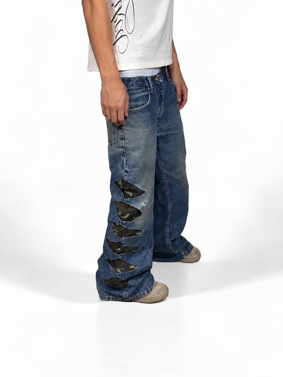 1of1 washed blue camo distressed jeans. Size: 34x32