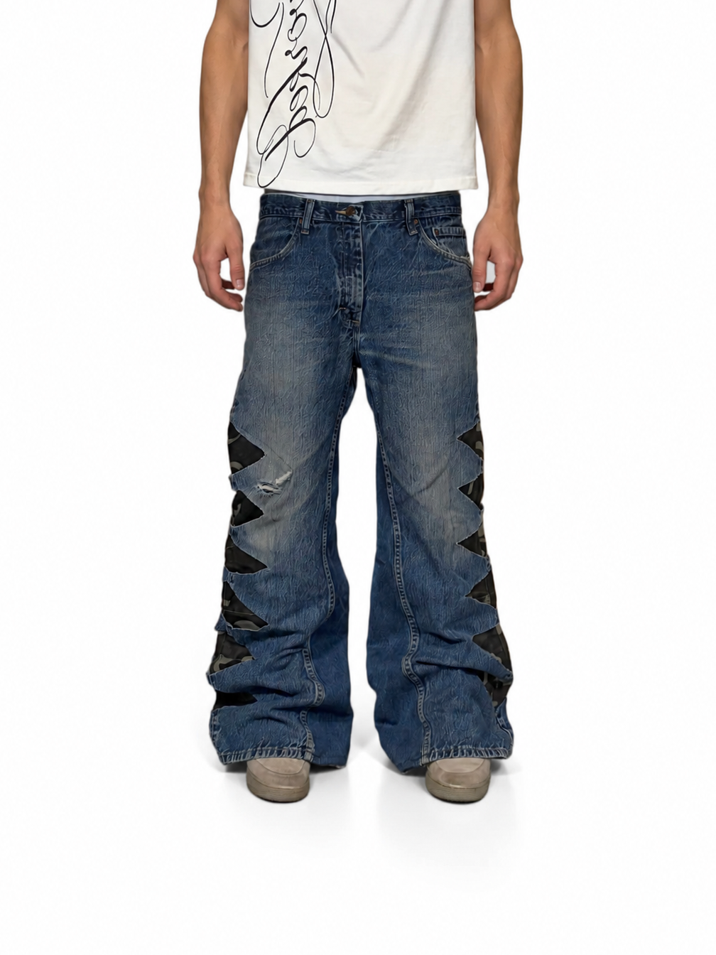 1of1 washed blue camo distressed jeans. Size: 34x32