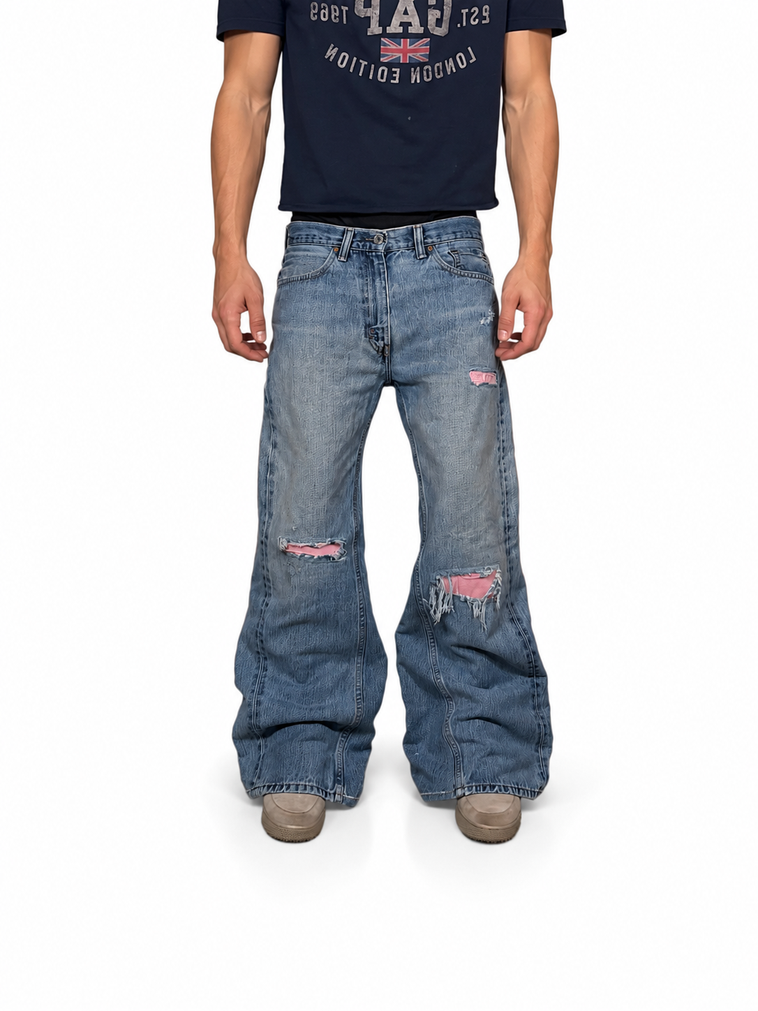 Blue/pink distressed baggy bootcut jeans. Size: 33x32