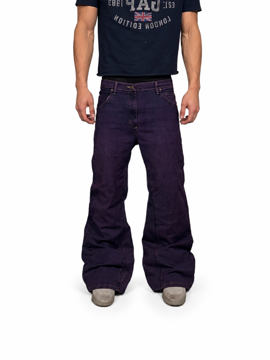 1of1 color purple baggy bootcut jeans. Size: 34x32