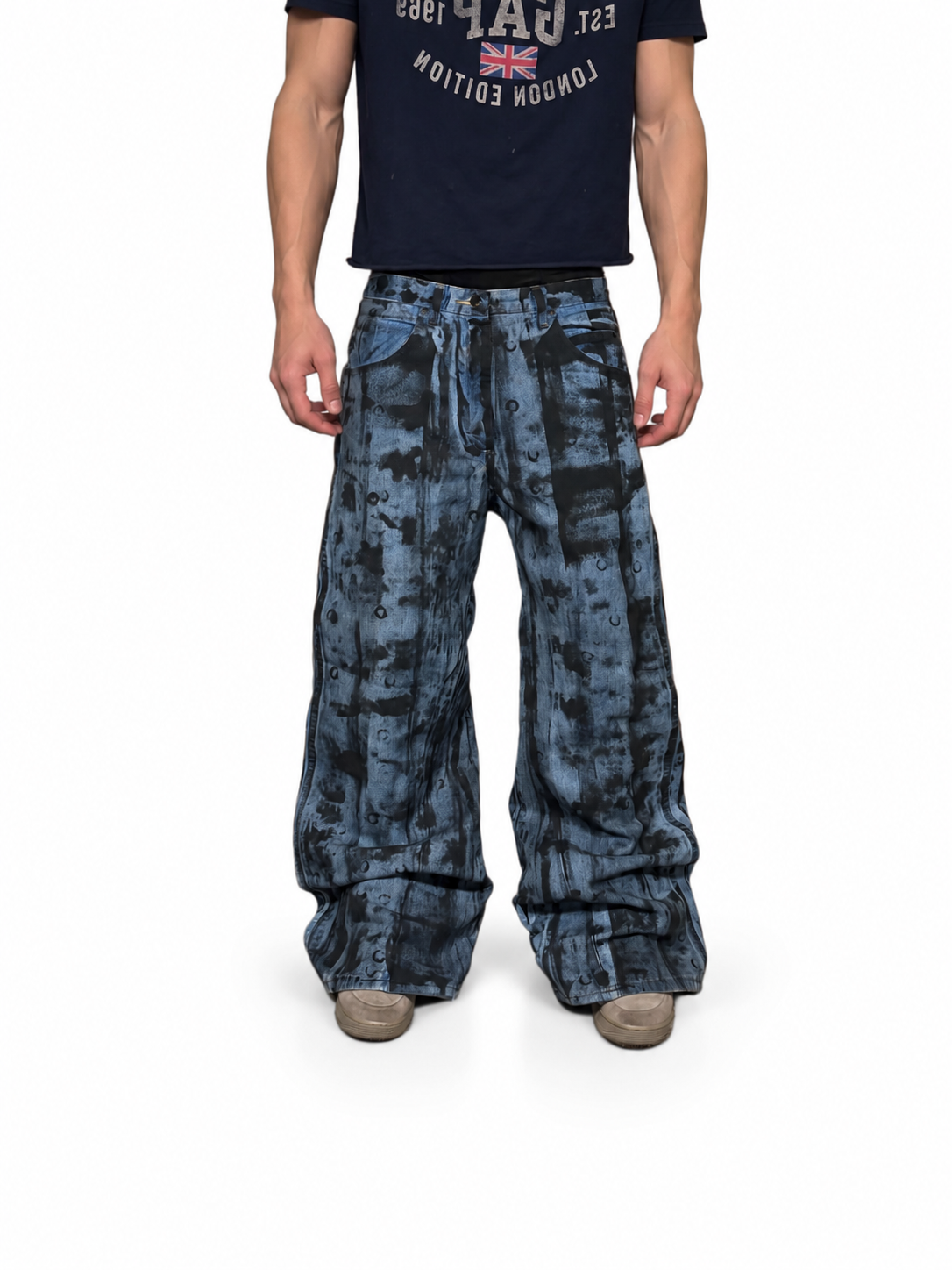 1of1 blue painted baggy jeans. Size: 34x32