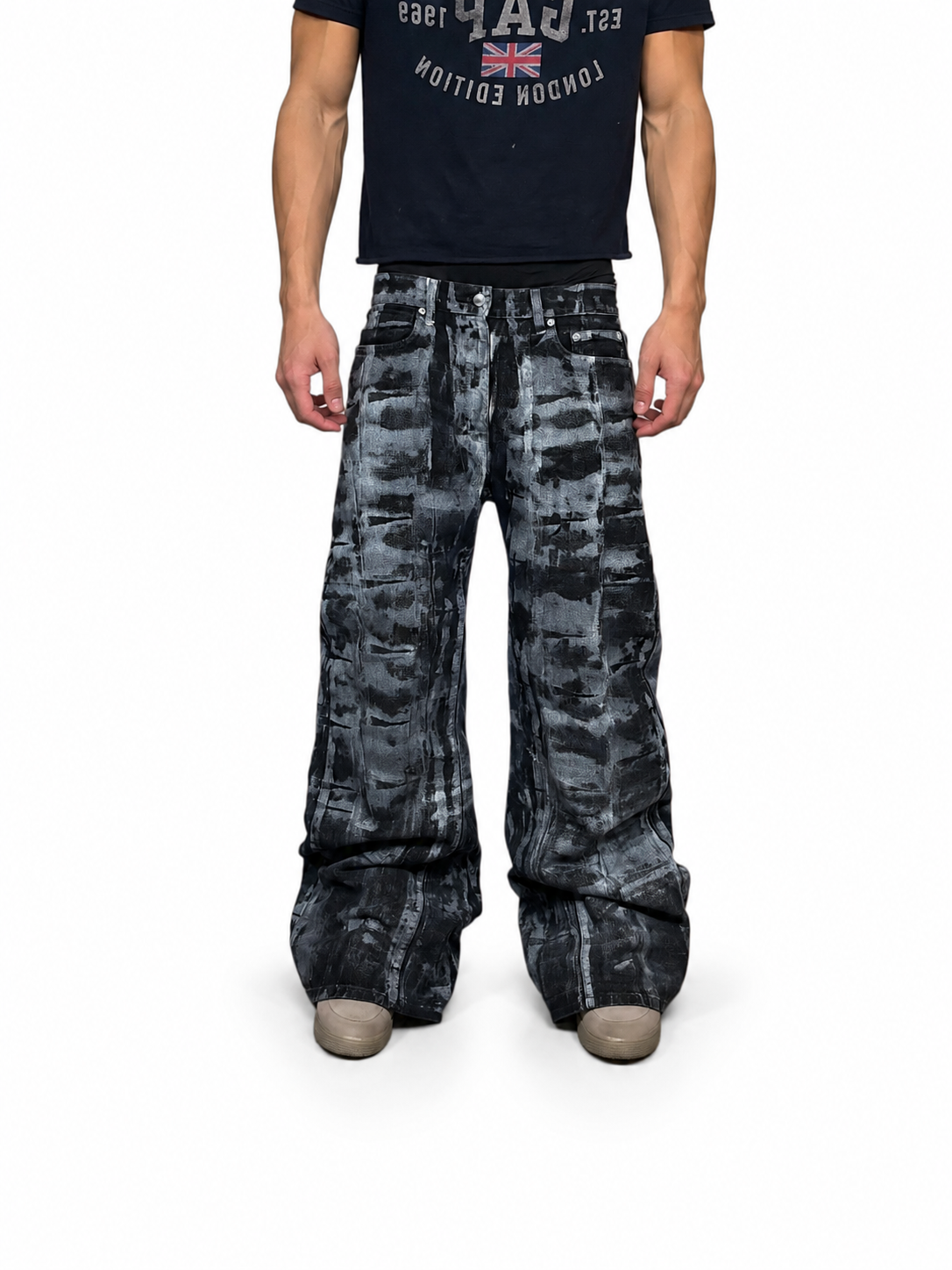 1of1 black painted baggy jeans. Size: 32x32