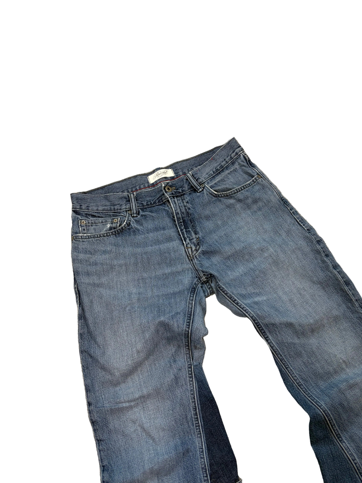 Vintage blue ripped baggy bootcut jeans. Size: 32x36