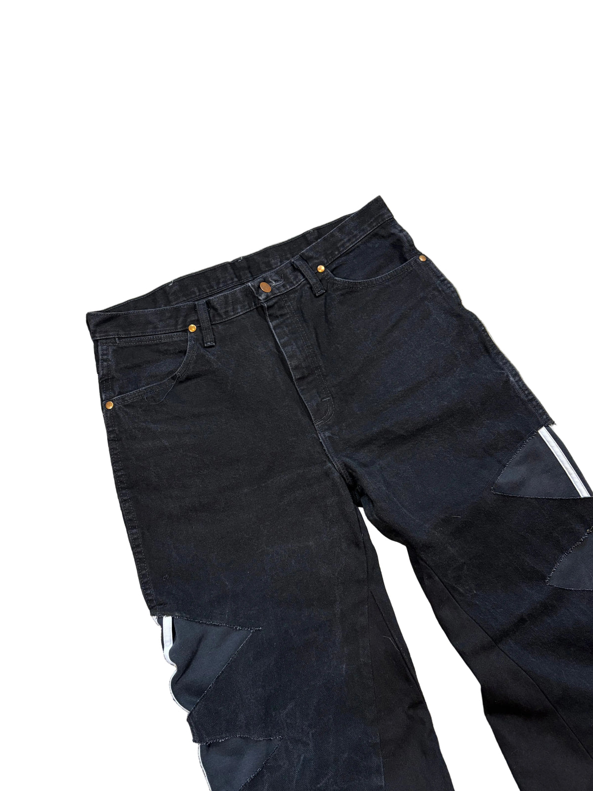 1of1 black adidas distressed baggy bootcut jeans. Size: 34x34