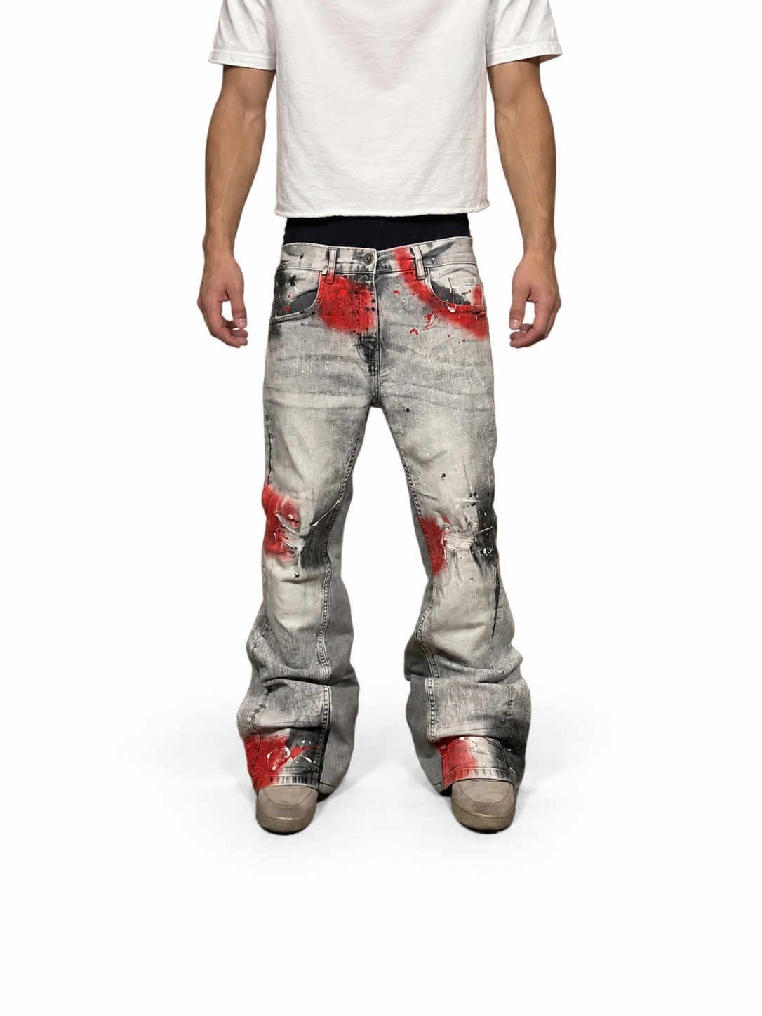 Reworked painted flared jeans. Size: 34x34