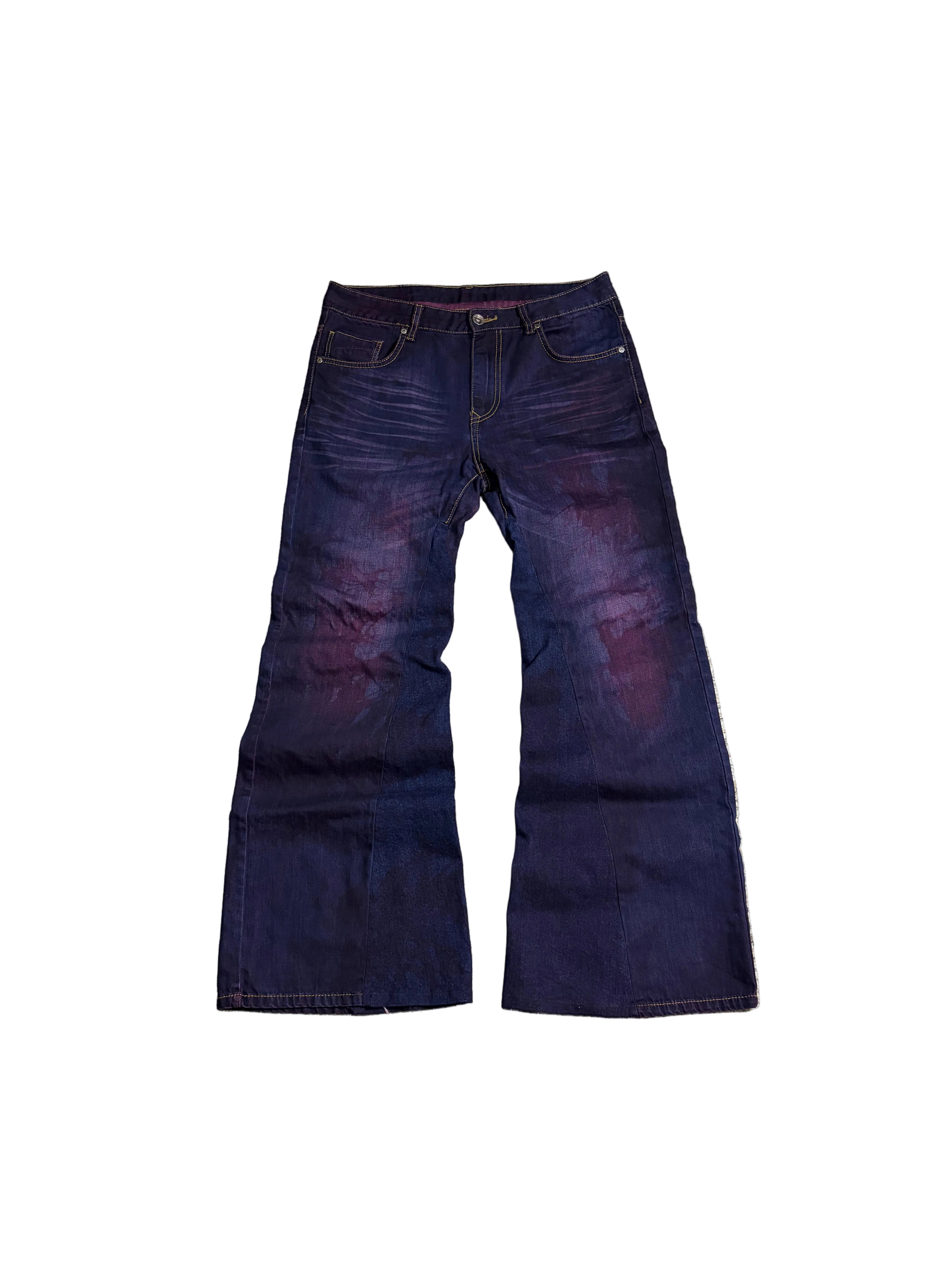 1of1 color purple baggy flared jeans. Size: 33x31
