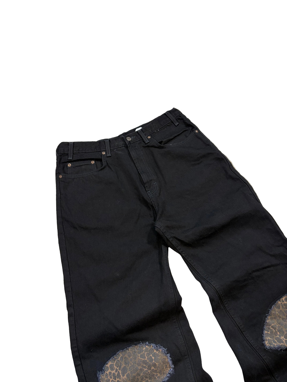 1of1 reworked distressed jet black jeans. Size: 34x32