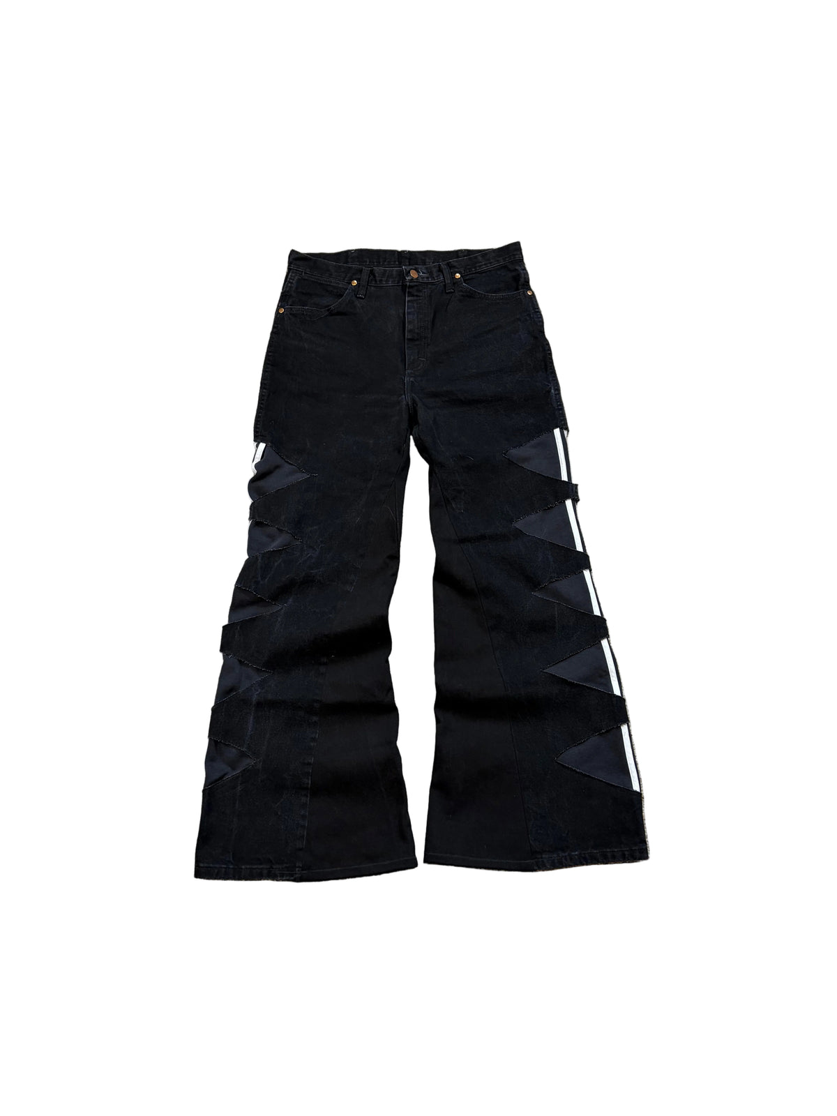1of1 black adidas distressed baggy bootcut jeans. Size: 34x34